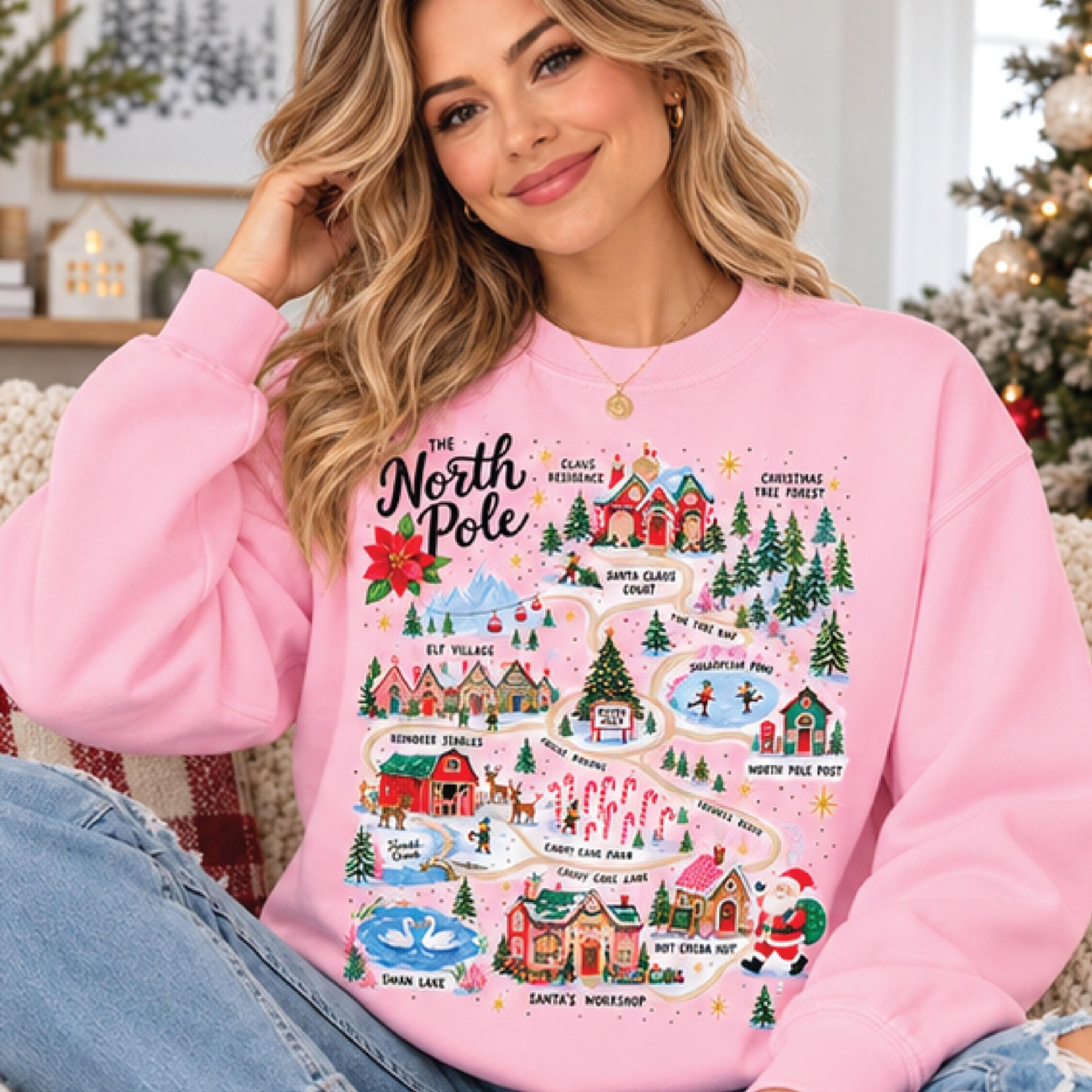 north pole christmas village map sweatshirt, santa's workshop holiday graphic crewneck, festive winter wonderland gift