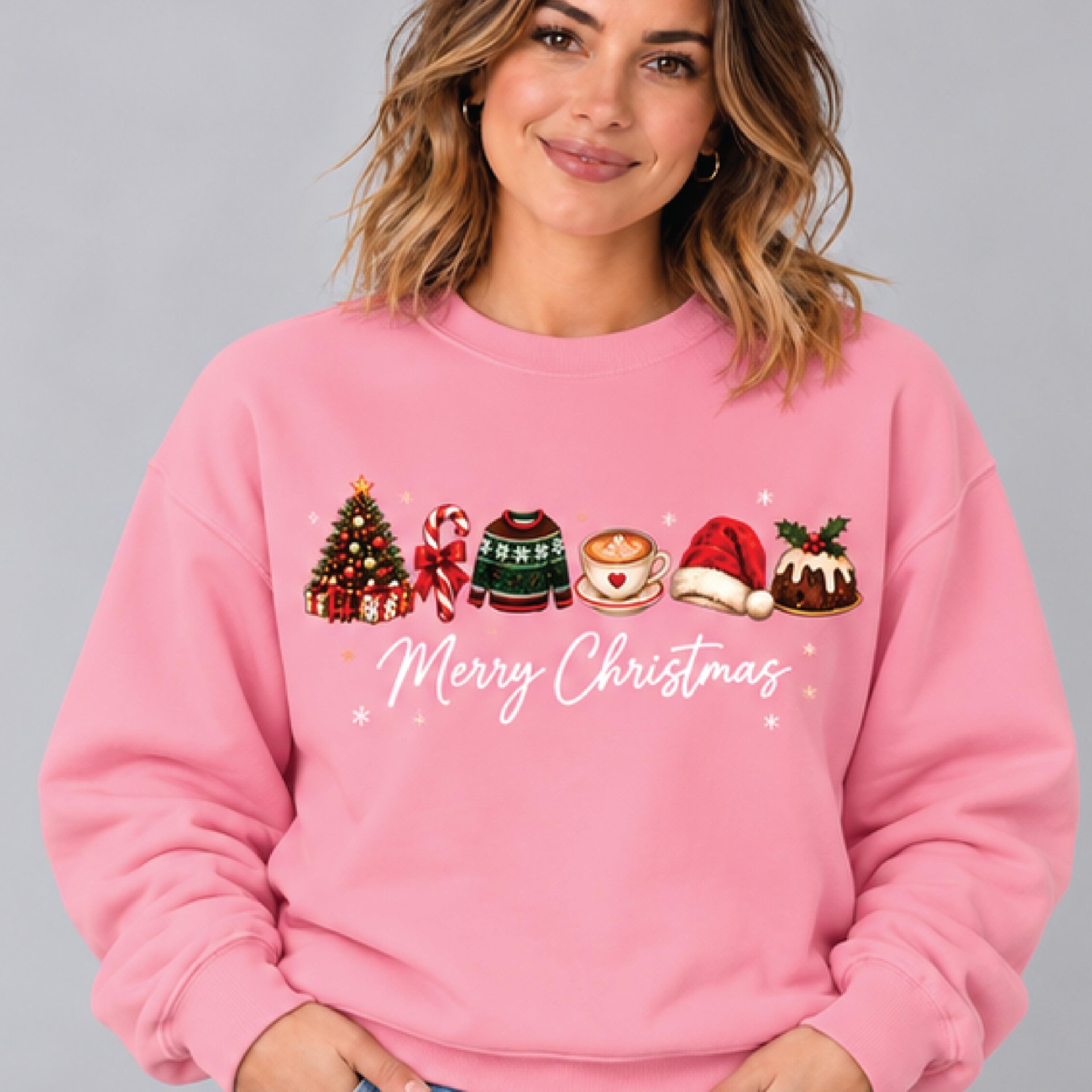 merry christmas sweatshirt, cute holiday icons graphic crewneck, festive christmas tree santa hat cocoa gift for adults