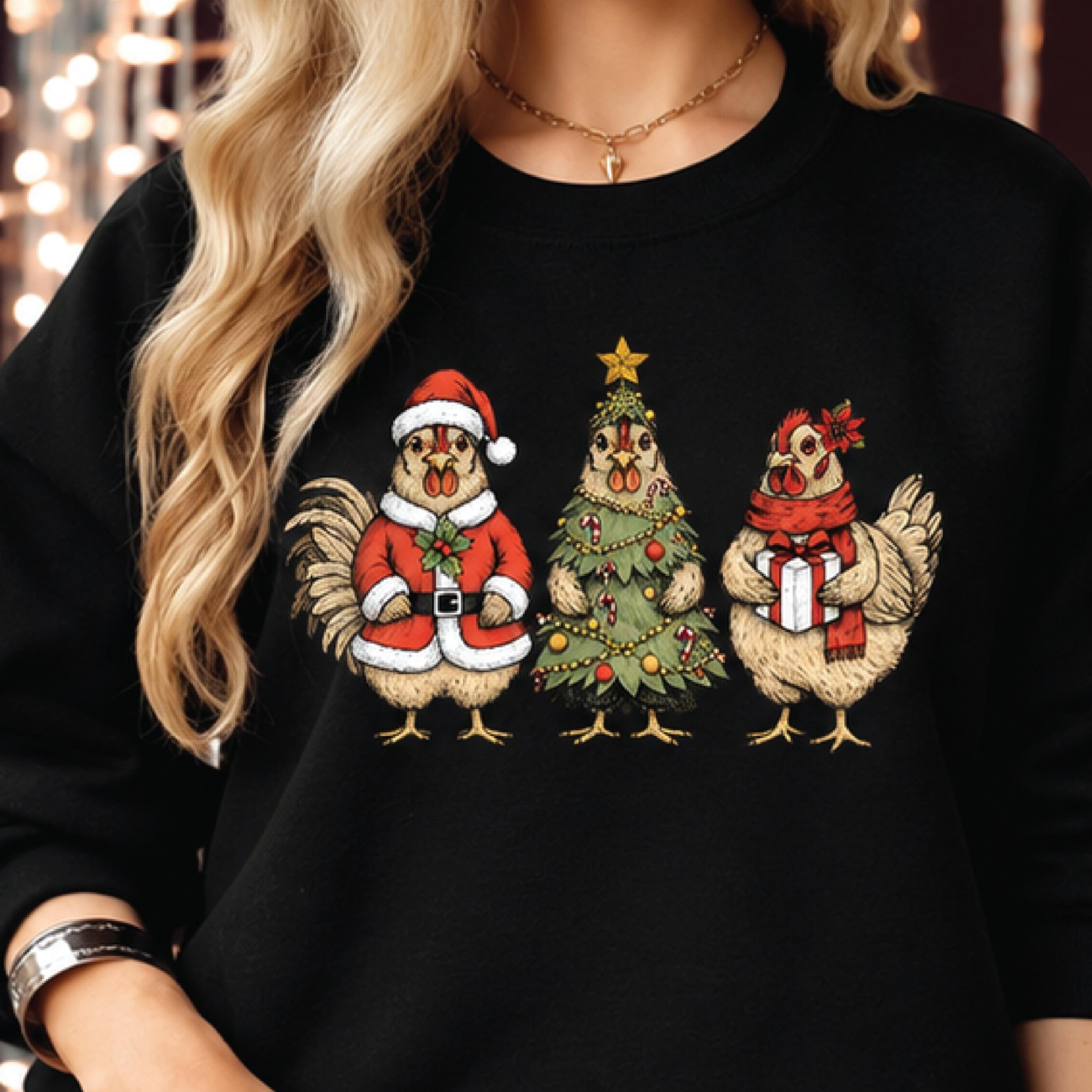 christmas chicken sweatshirt, funny holiday hens graphic crewneck, santa chicken christmas tree farmhouse gift for adult