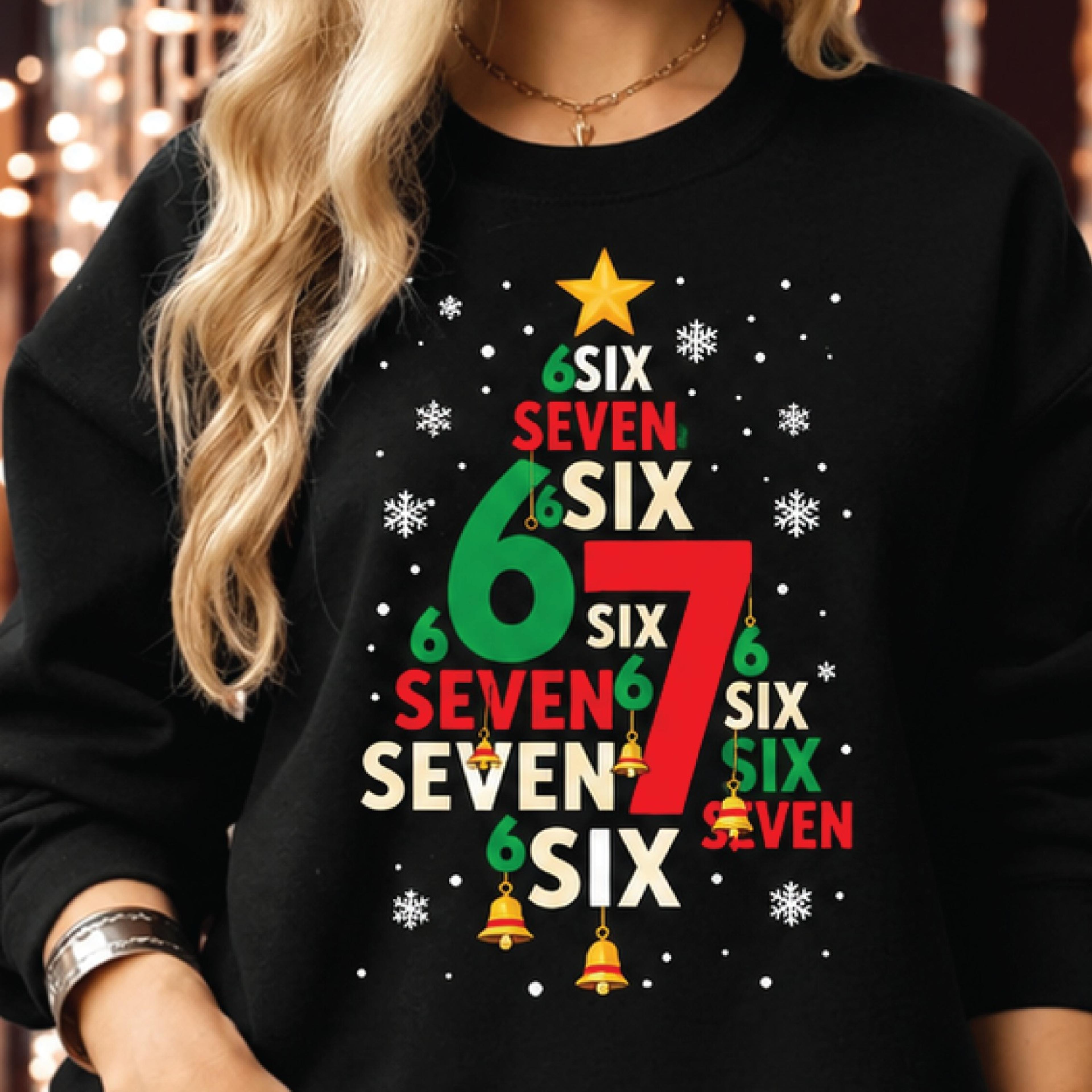 six seven christmas tree sweatshirt, funny 67 meme holiday graphic, trendy xmas gift for adults, unisex festive pullover