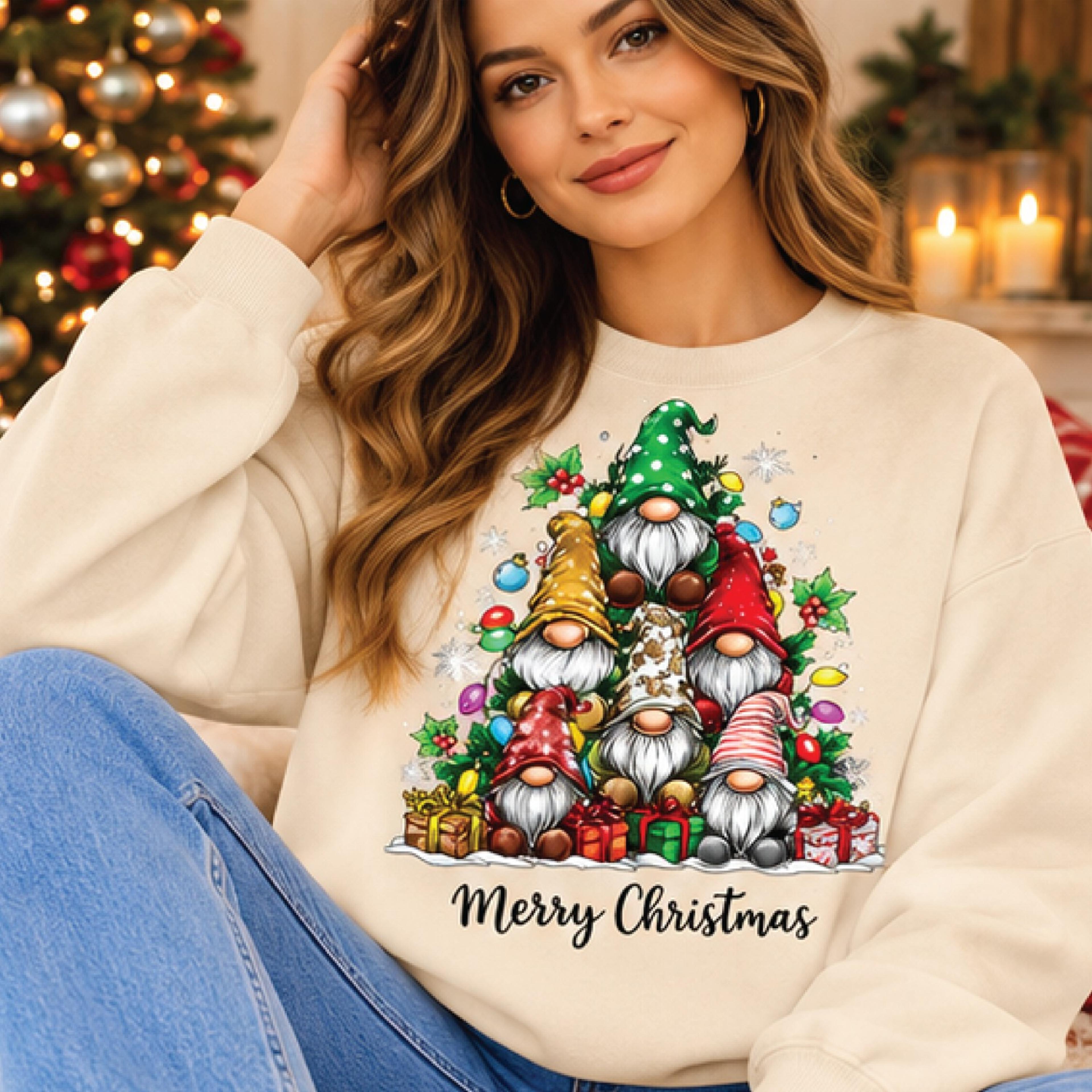 merry christmas gnome sweatshirt, cute holiday gnomes with gifts and christmas lights, festive unisex xmas gift