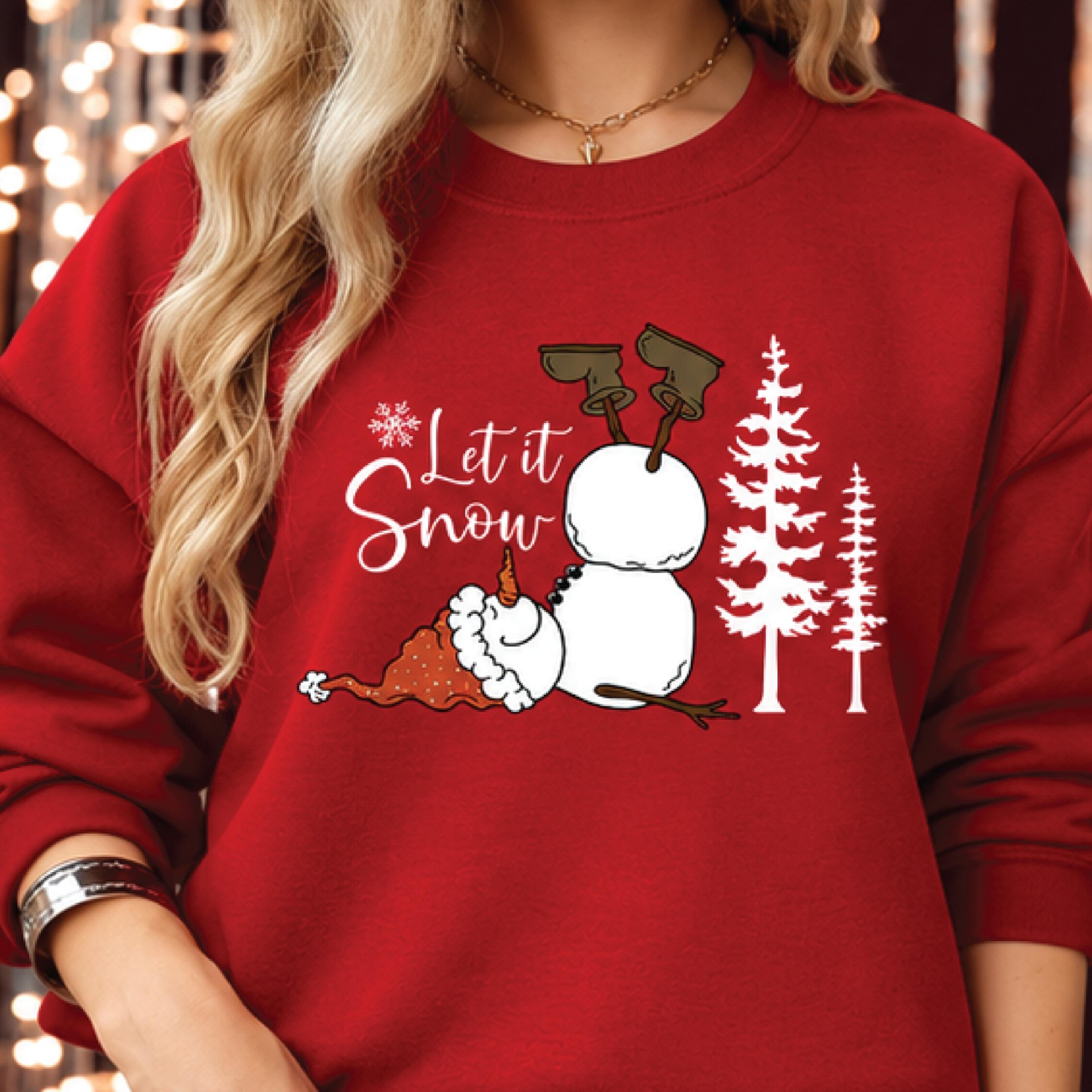 funny let it snow sweatshirt, upside down snowman christmas graphic, cute winter humor gift, unisex holiday pullover