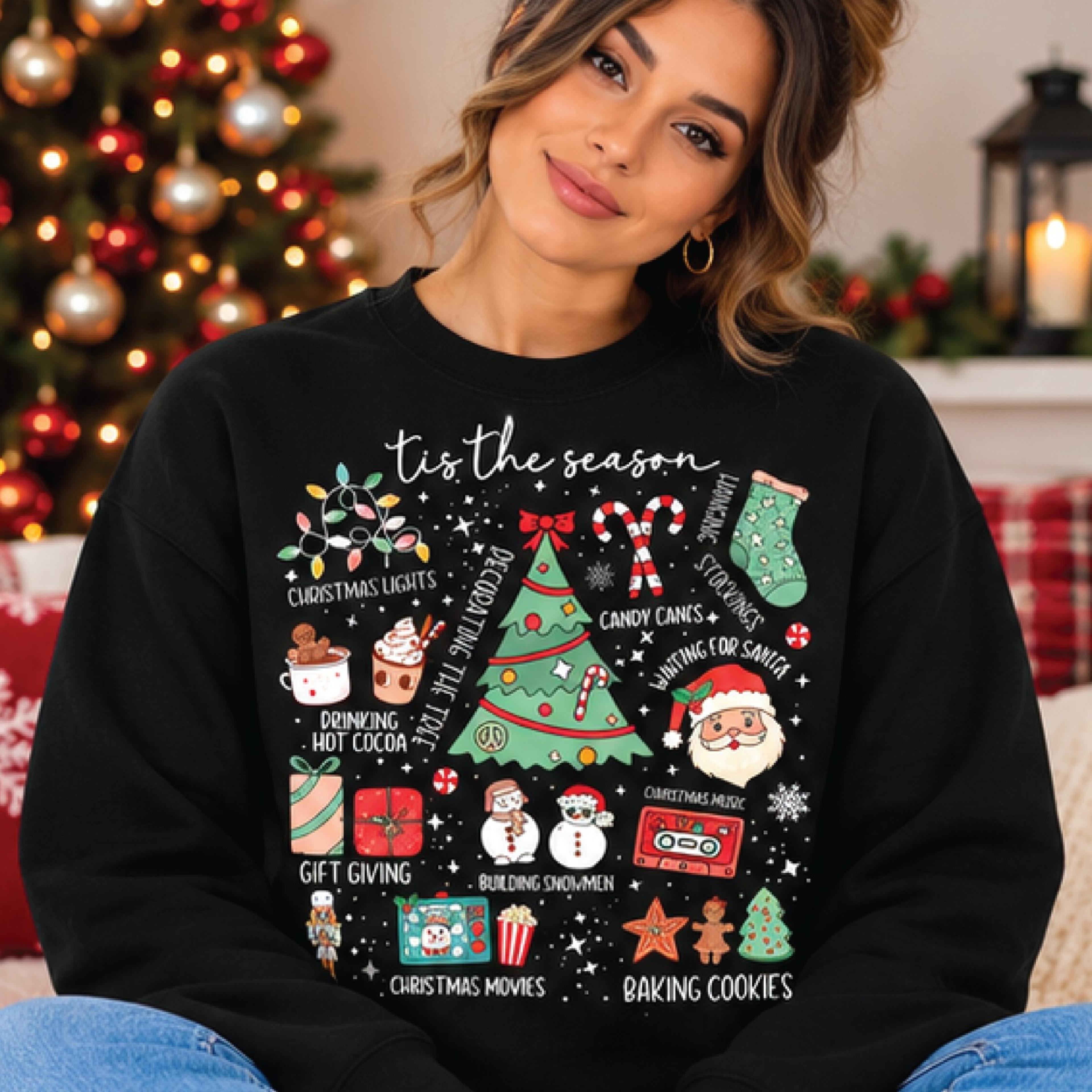 tis the season christmas sweatshirt, festive holiday bucket list graphic, christmas traditions sweatshirt, unisex xmas