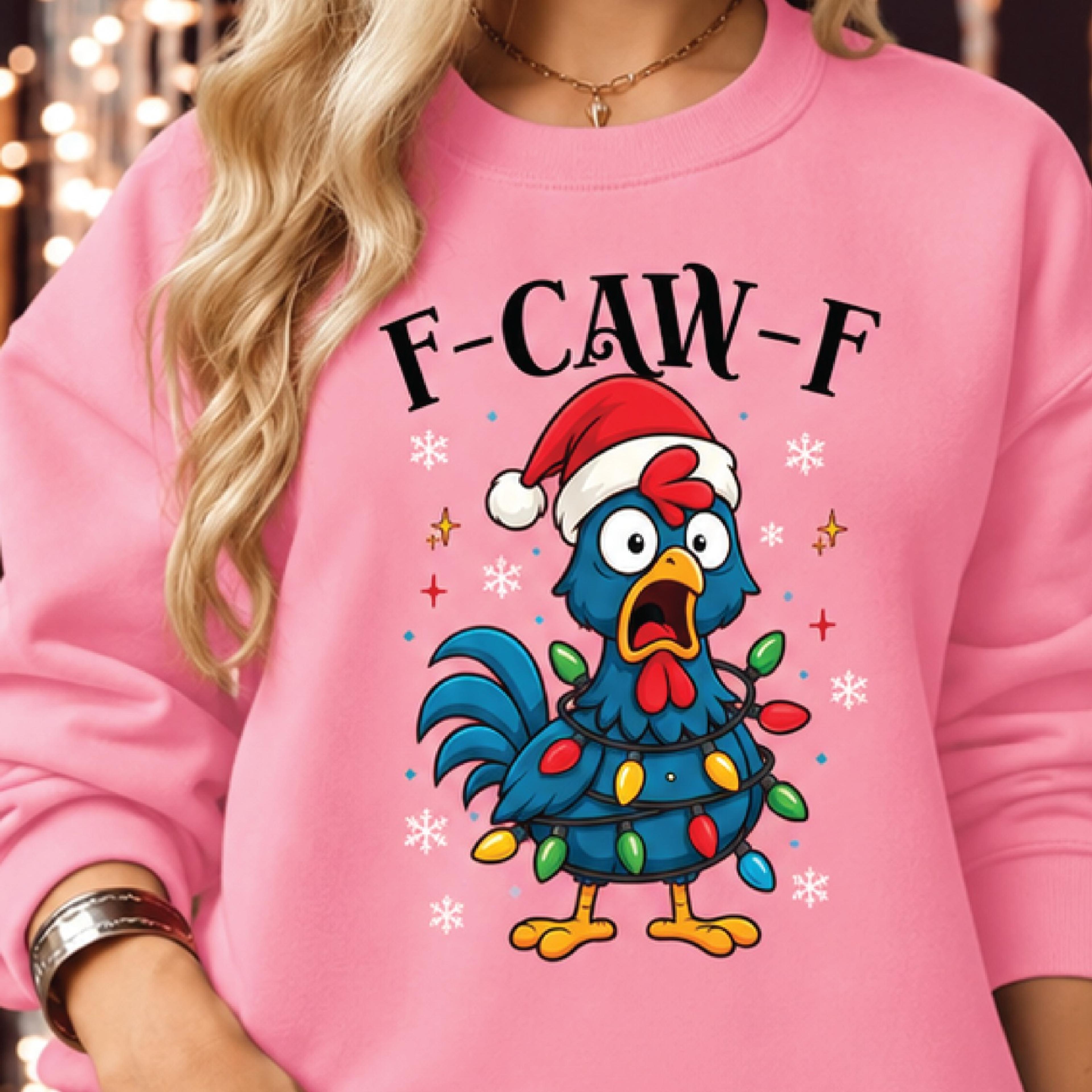 funny f-caw-f christmas sweatshirt, santa rooster holiday graphic sweatshirt, festive chicken lover gift, unisex xmas
