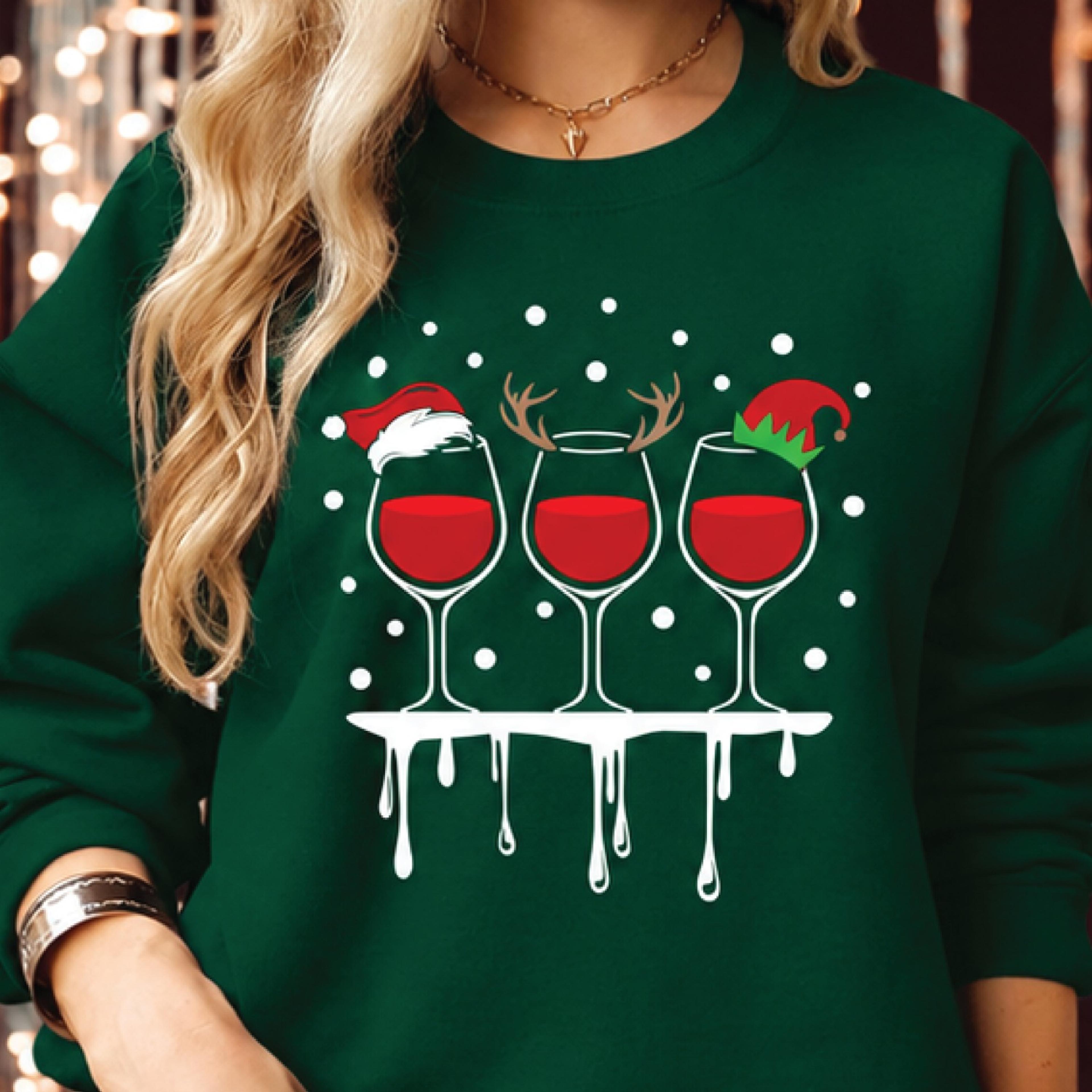 christmas wine sweatshirt, funny holiday wine glasses graphic crewneck, santa reindeer elf festive party unisex gift