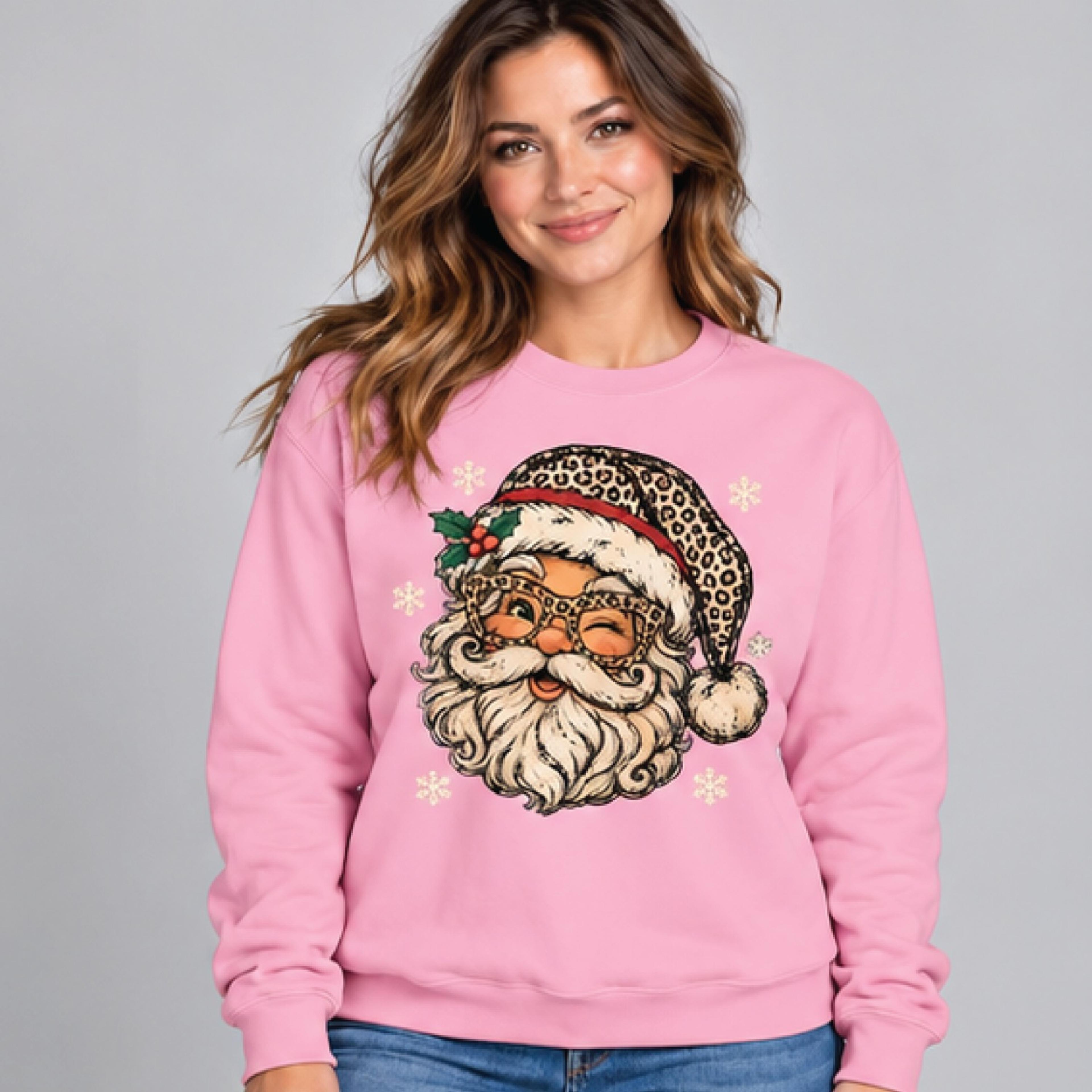 leopard print santa christmas sweatshirt, retro santa claus graphic holiday crewneck, cute festive unisex christmas gift