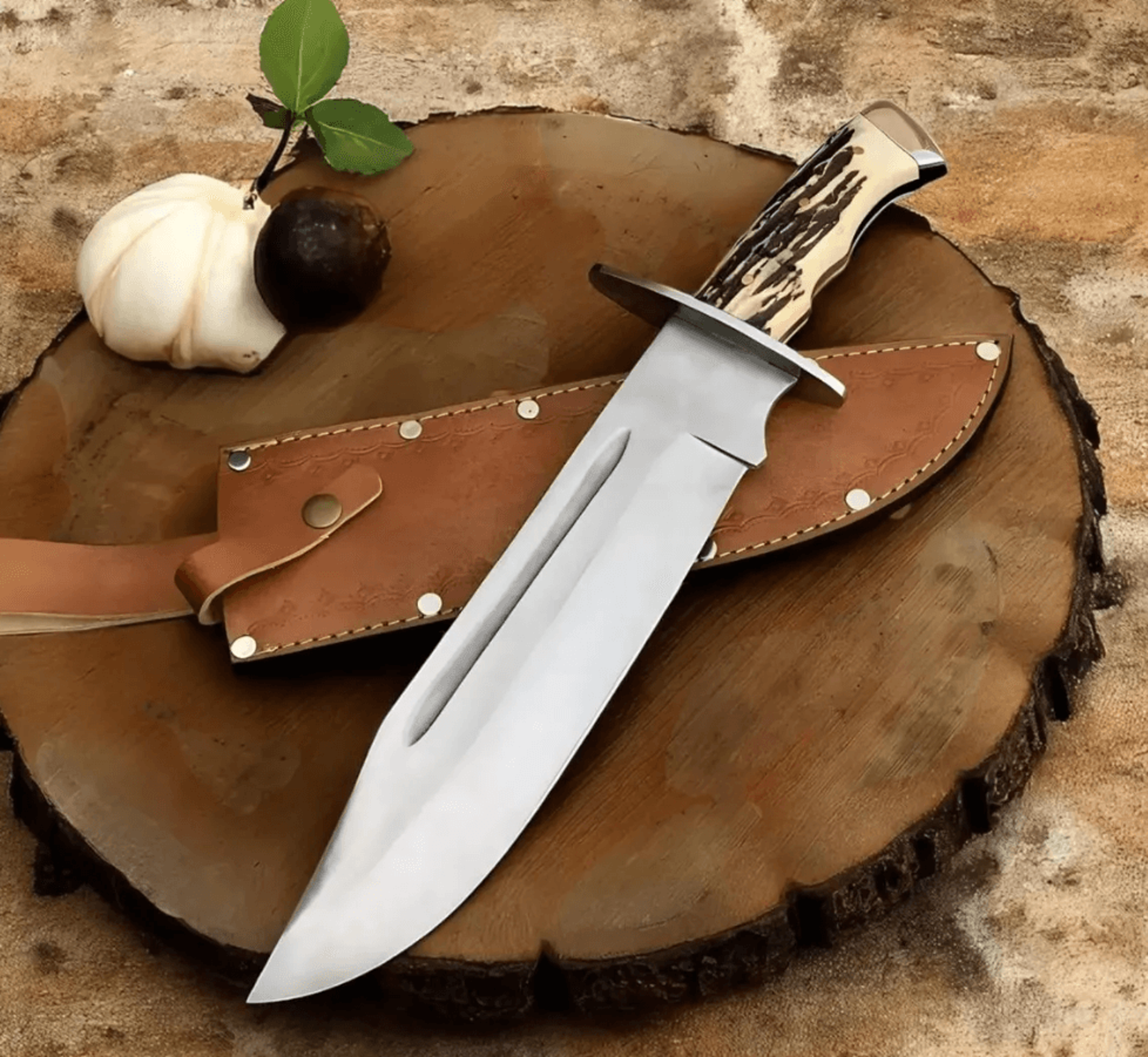 frontier-style d2 steel bowie knife | 15" stag horn handle hunting blade + leather sheath | handmade outdoor knife