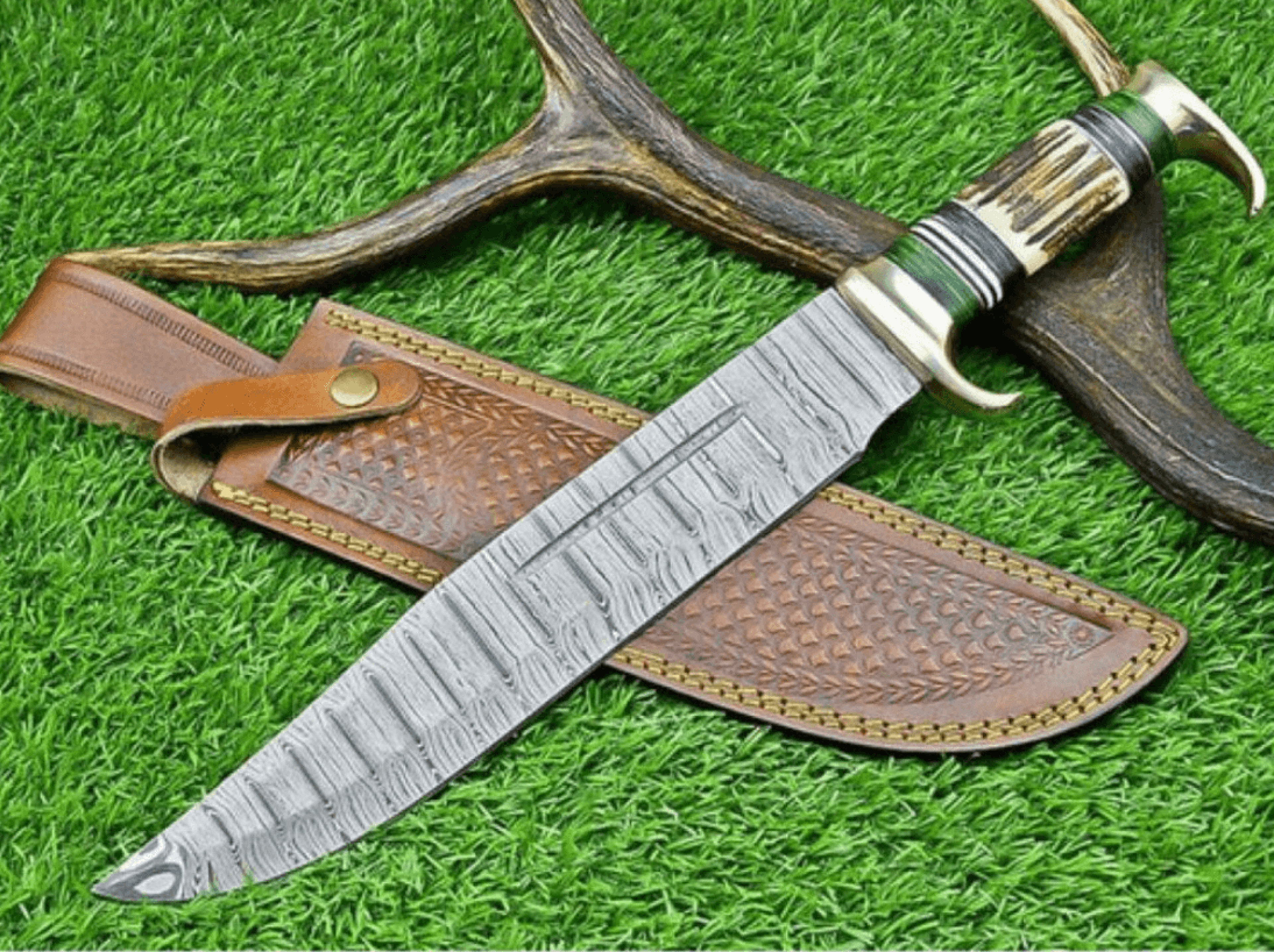 steel survival blade | stag antler handle | full tang outdoor knife gift with leather sheath | bf gift | hunter gift
