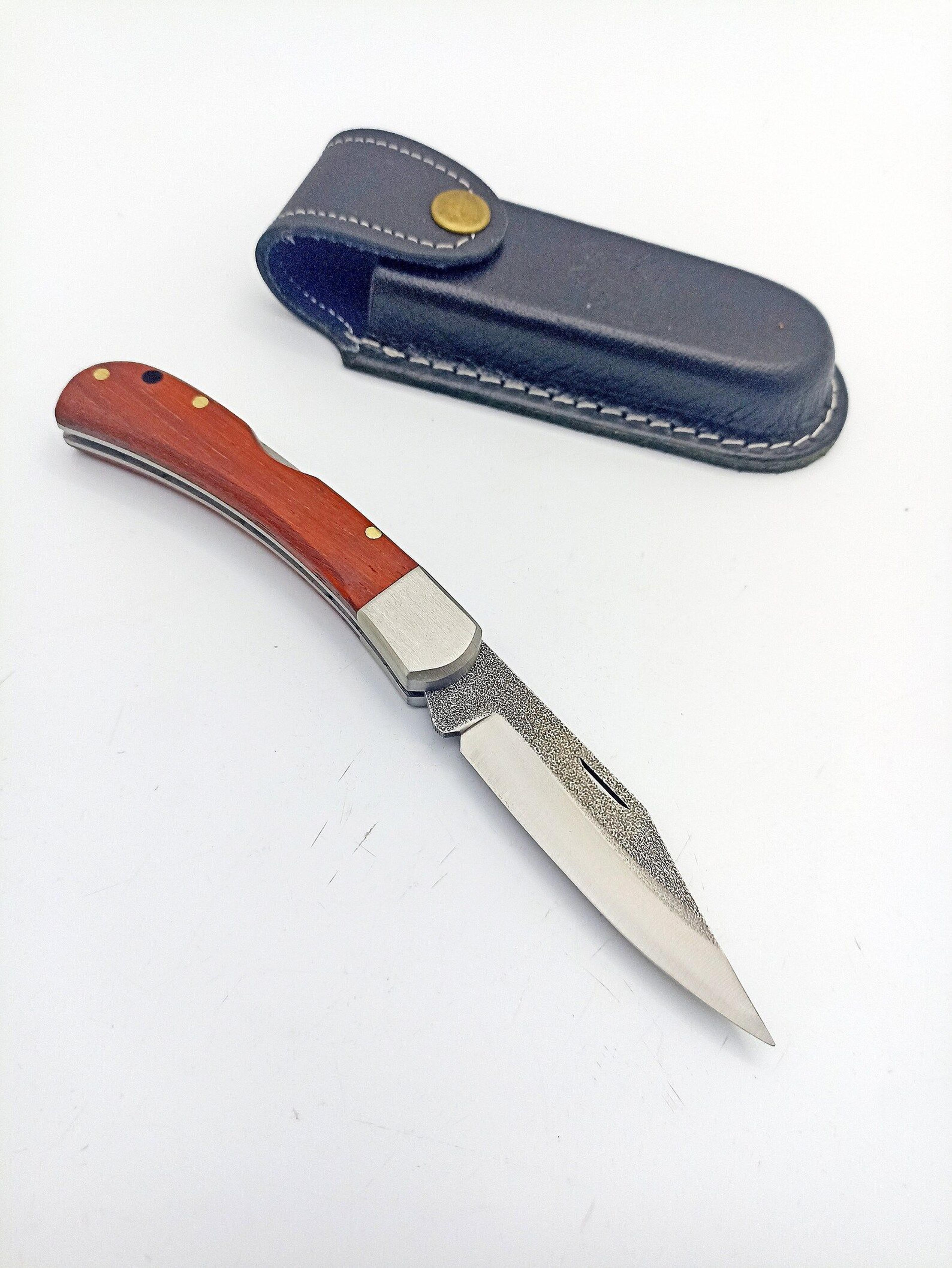 custom engraved tanto folding pocket knife - 4116 stainless steel with walnut wood handle and leather sheath