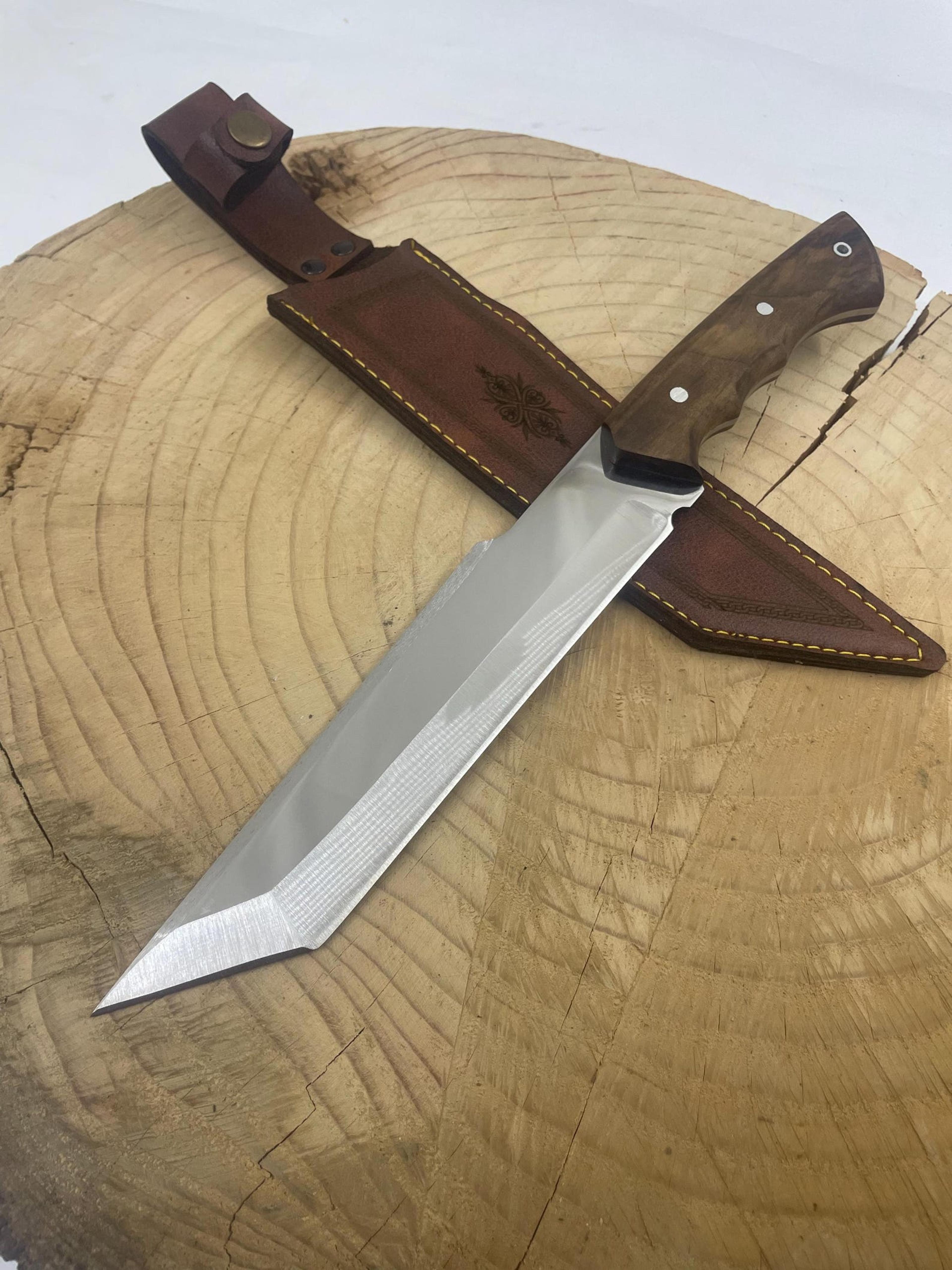handmade tactical tanto hunting knife 4116 stainless steel walnut wood handle with leather sheath