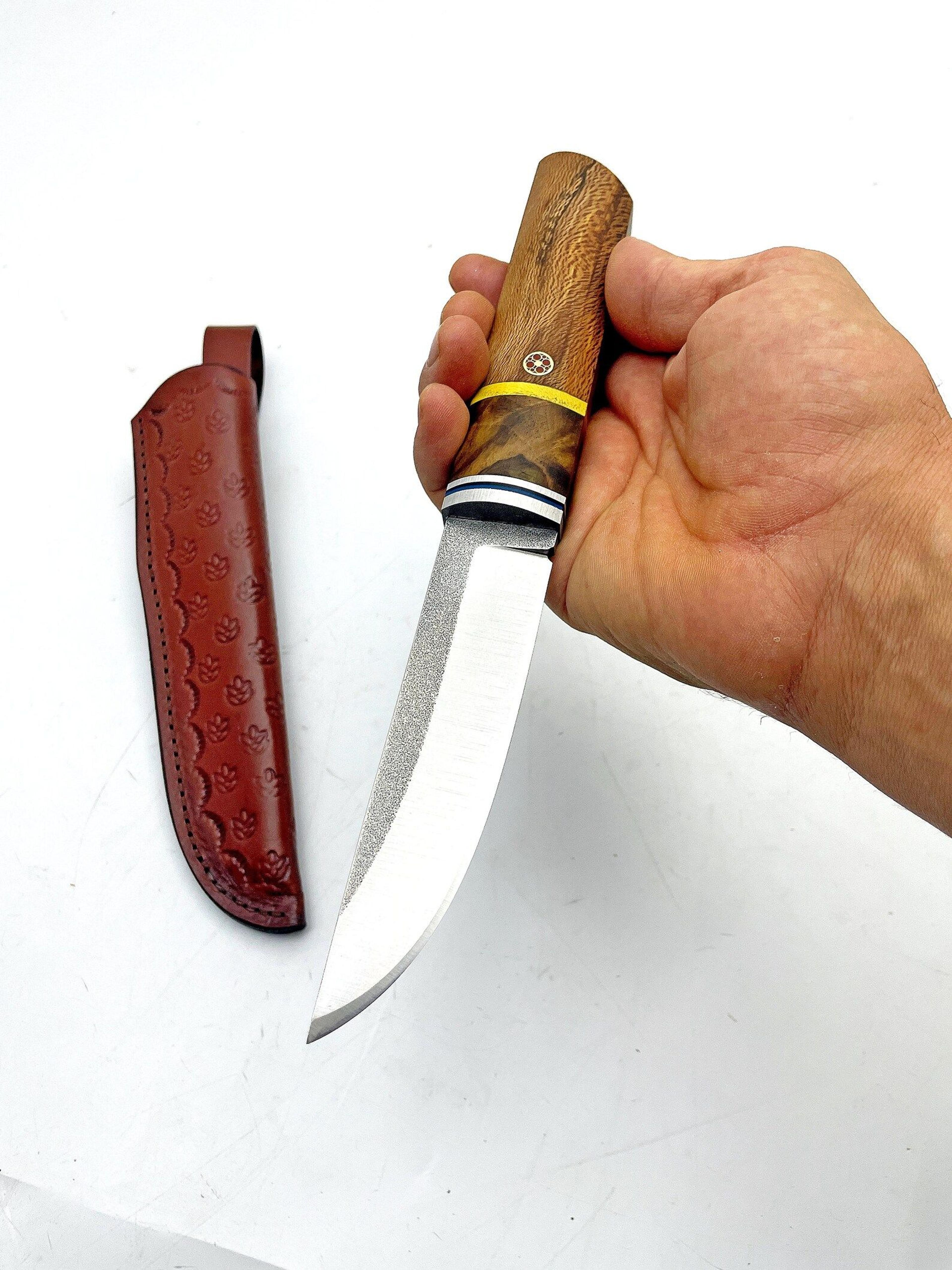 handmade steel puukko knife with walnut handle and leather sheath - tactical fixed blade knife for outdoor and emergency