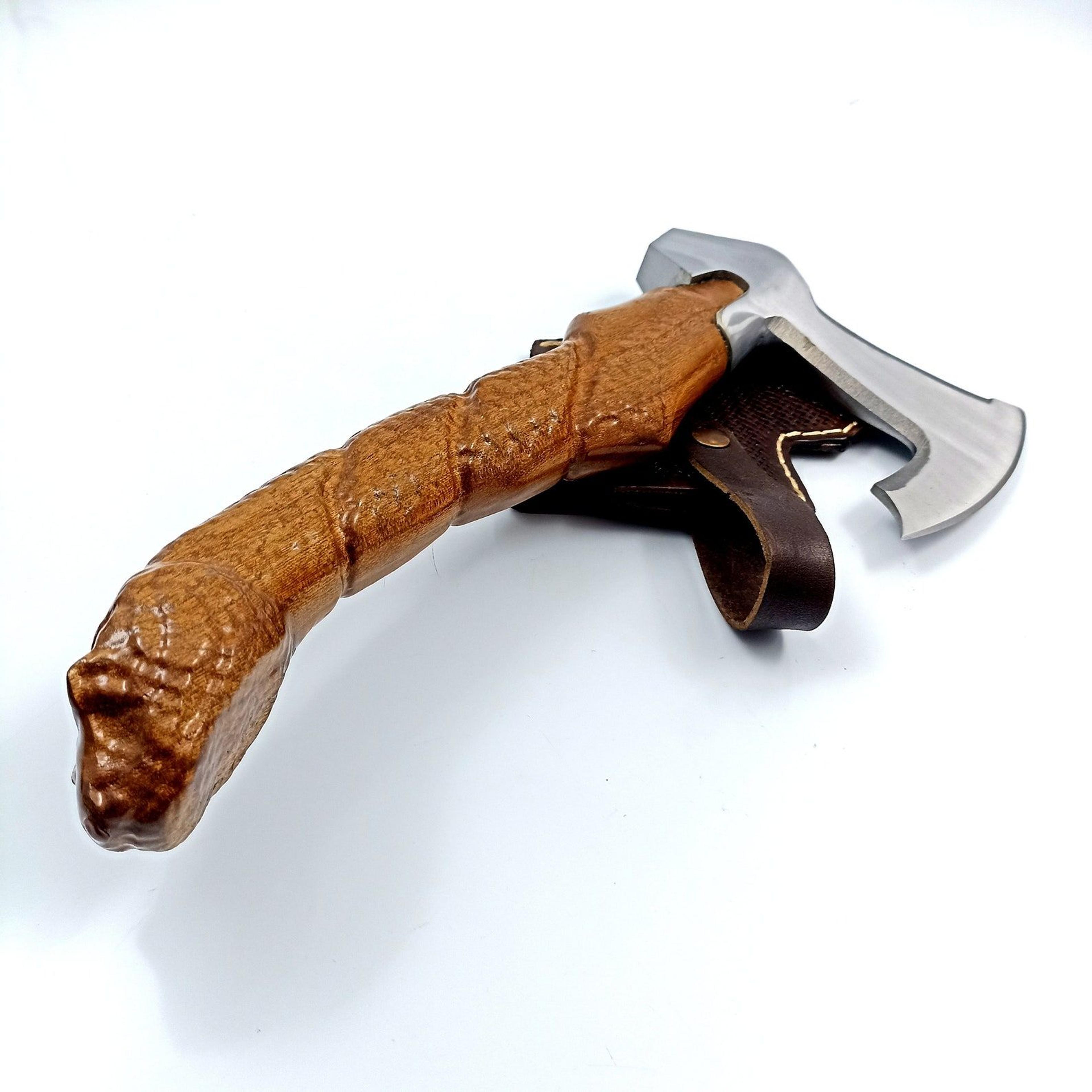 hand forged bearded viking axe with custom engraved carbon steel and genuine leather sheath for outdoor chopping