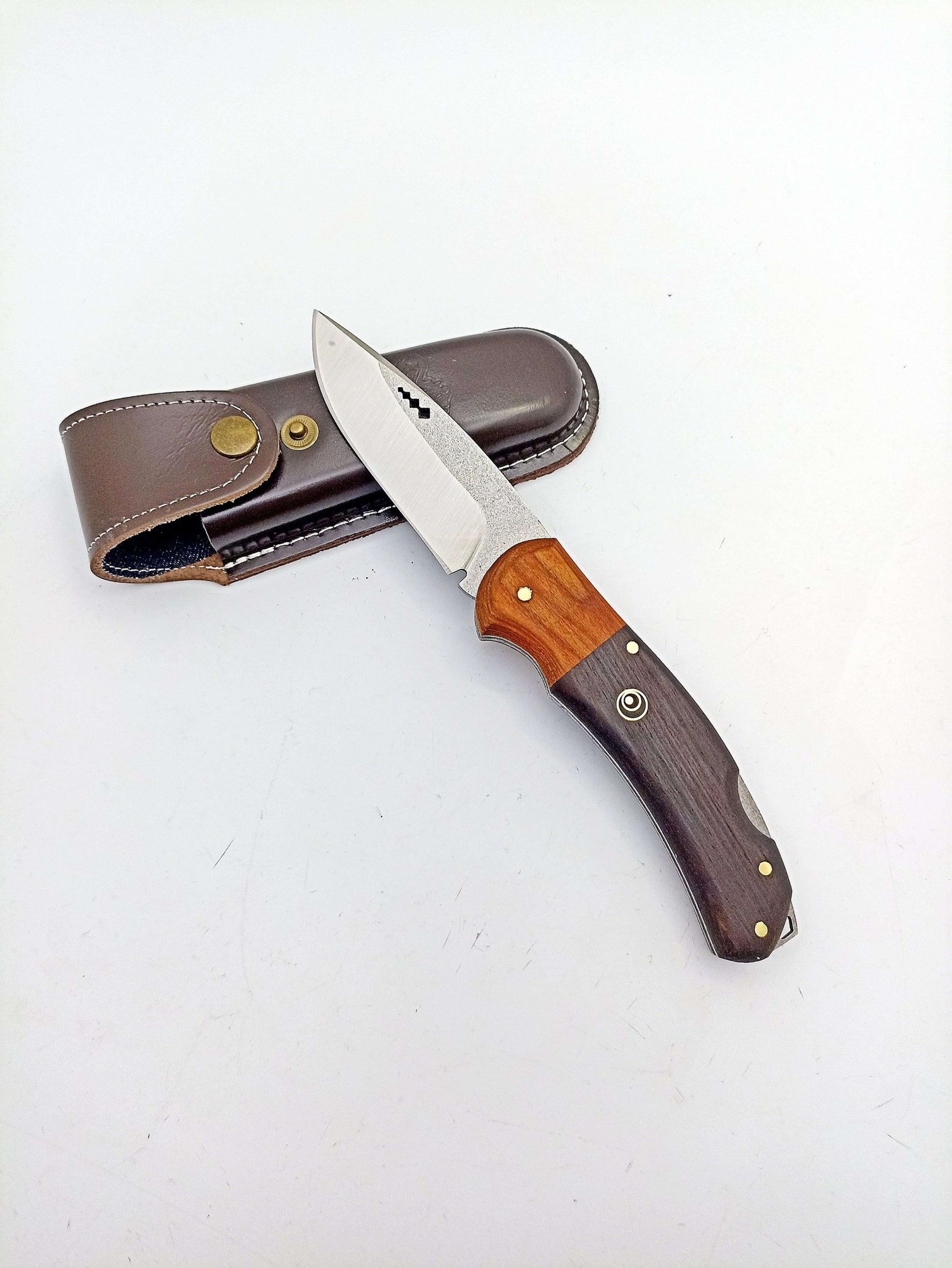 handmade folding hunting knife 4116 stainless steel wooden handle with leather sheath