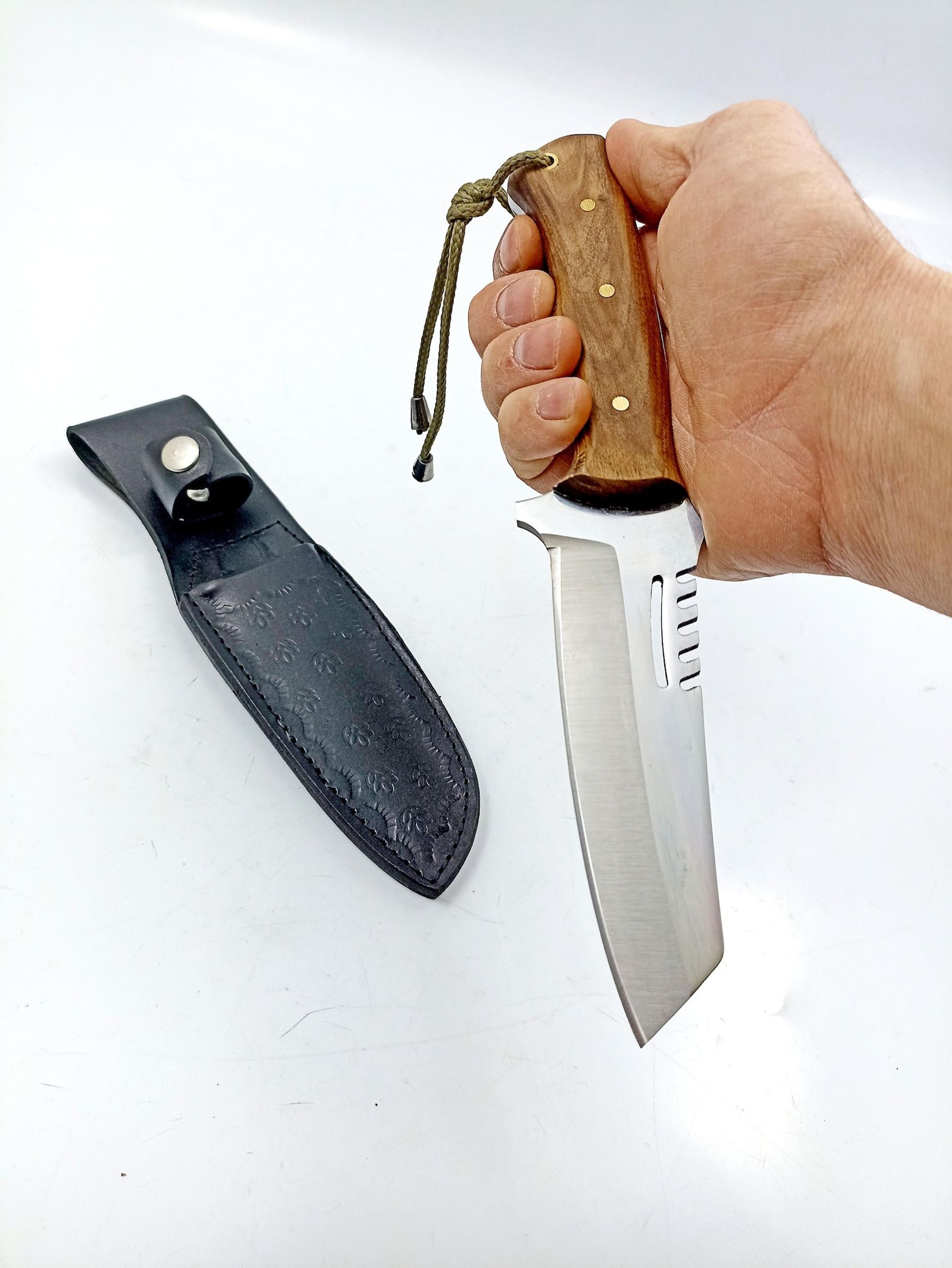 handmade engraved tanto knife with walnut & olive wood grip - perfect gift for outdoor enthusiasts