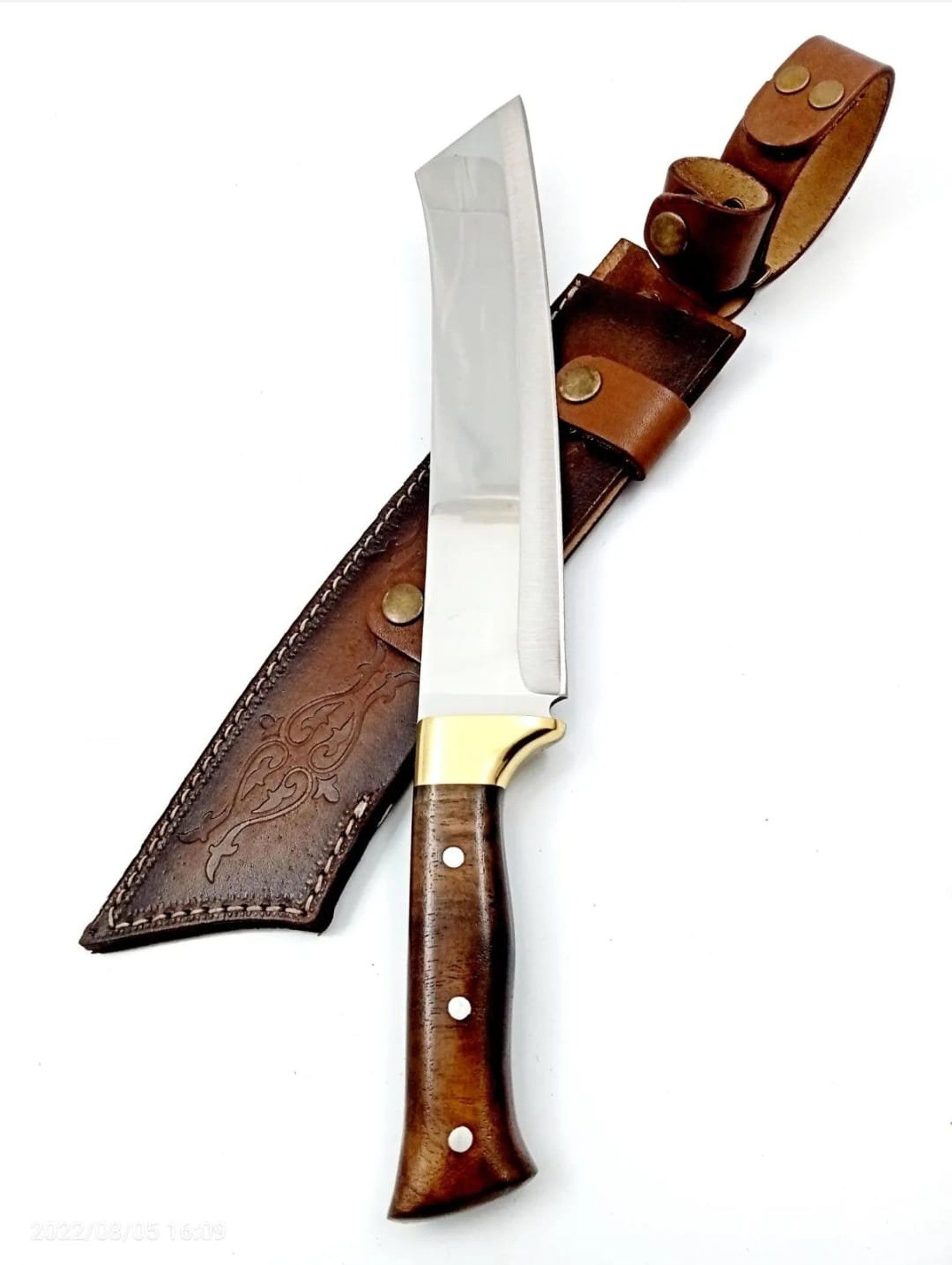 handmade tanto knife with engraved japanese style blade and leather sheath - perfect gift for outdoor enthusiasts
