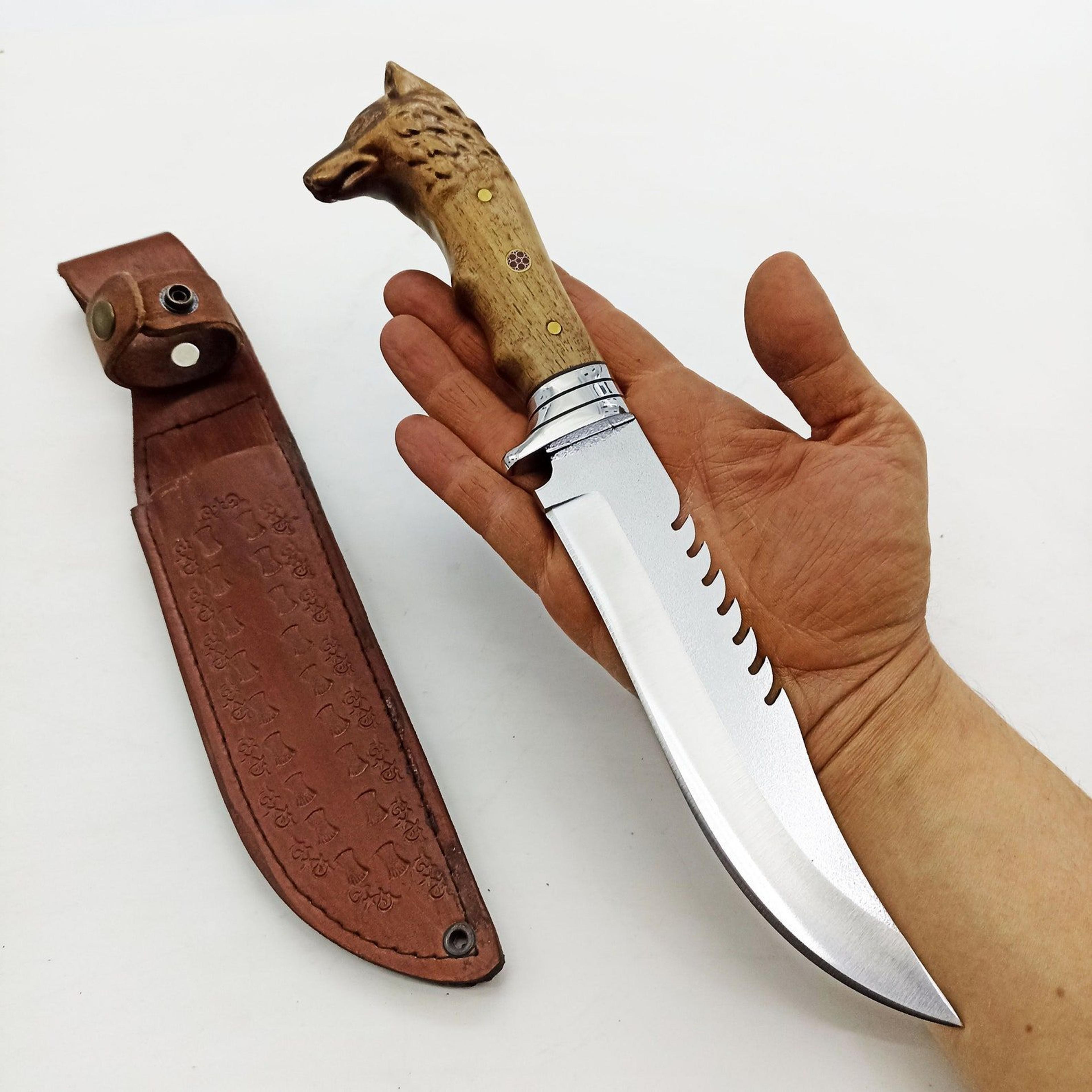 handmade wolf head hunting knife 4116 stainless steel carved wooden handle with leather sheath