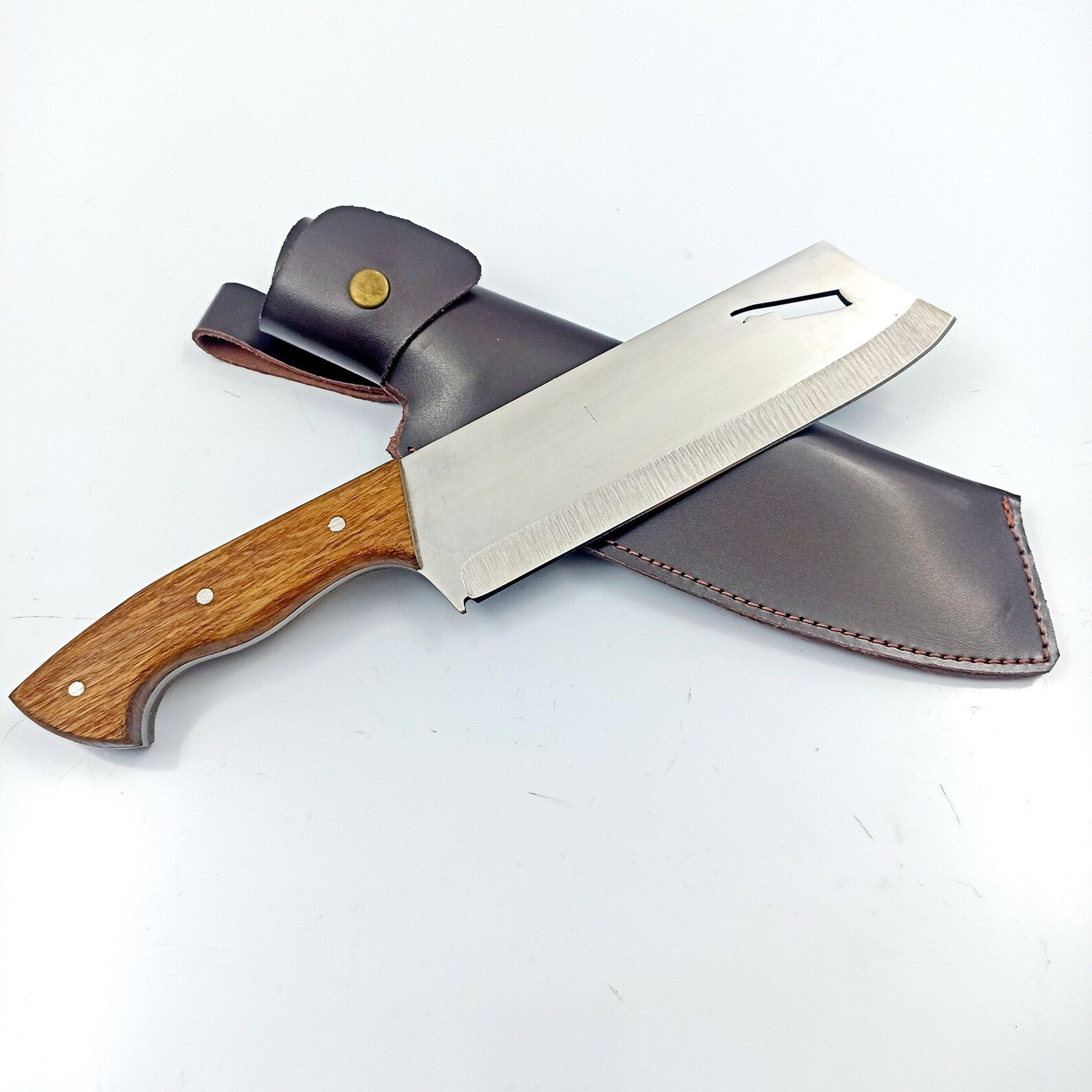 handmade serbian cleaver knife 4116 stainless steel wooden handle with leather sheath