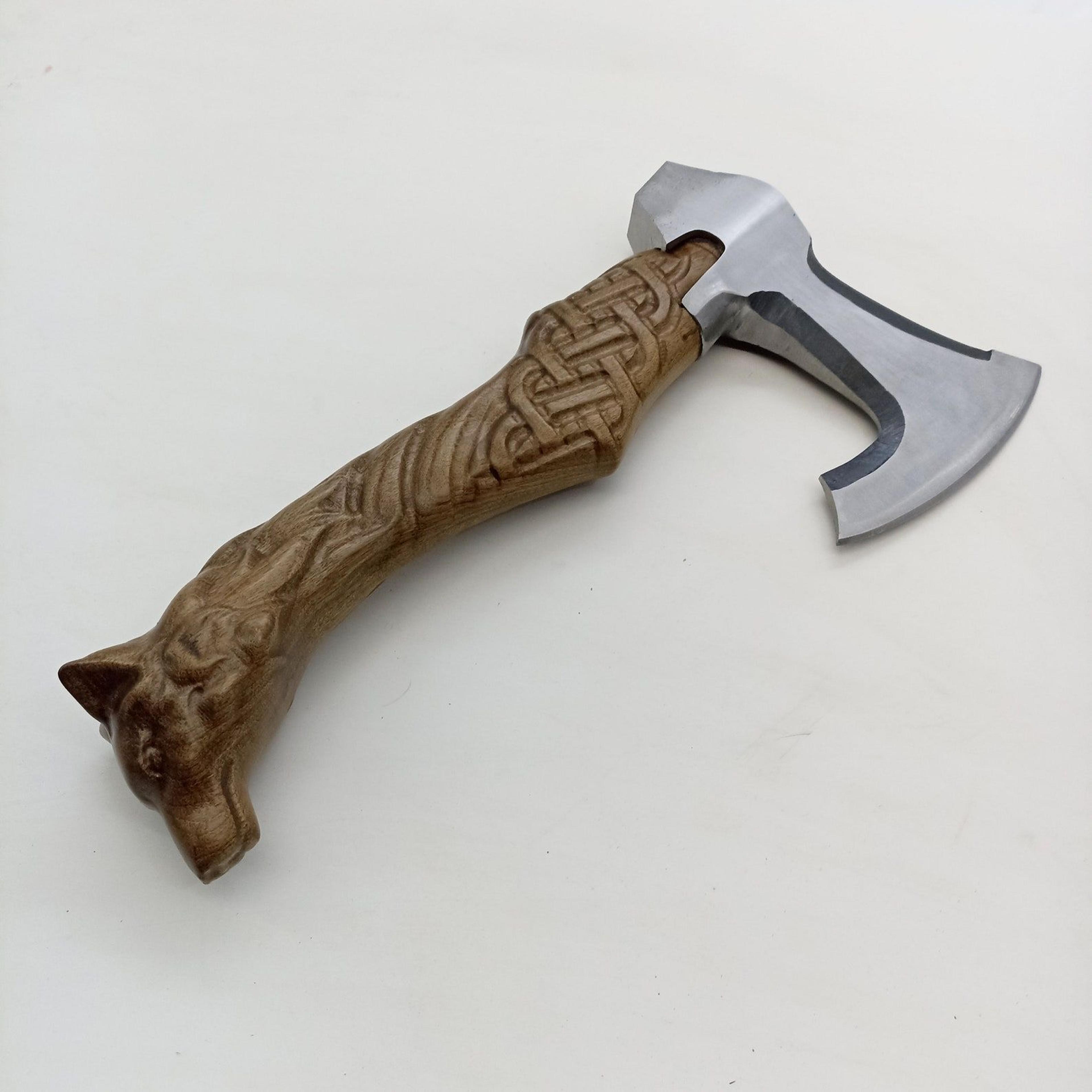 hand forged carbon steel viking axe with olive wood handle and leather case - camping outdoor hatchet for wood splitting