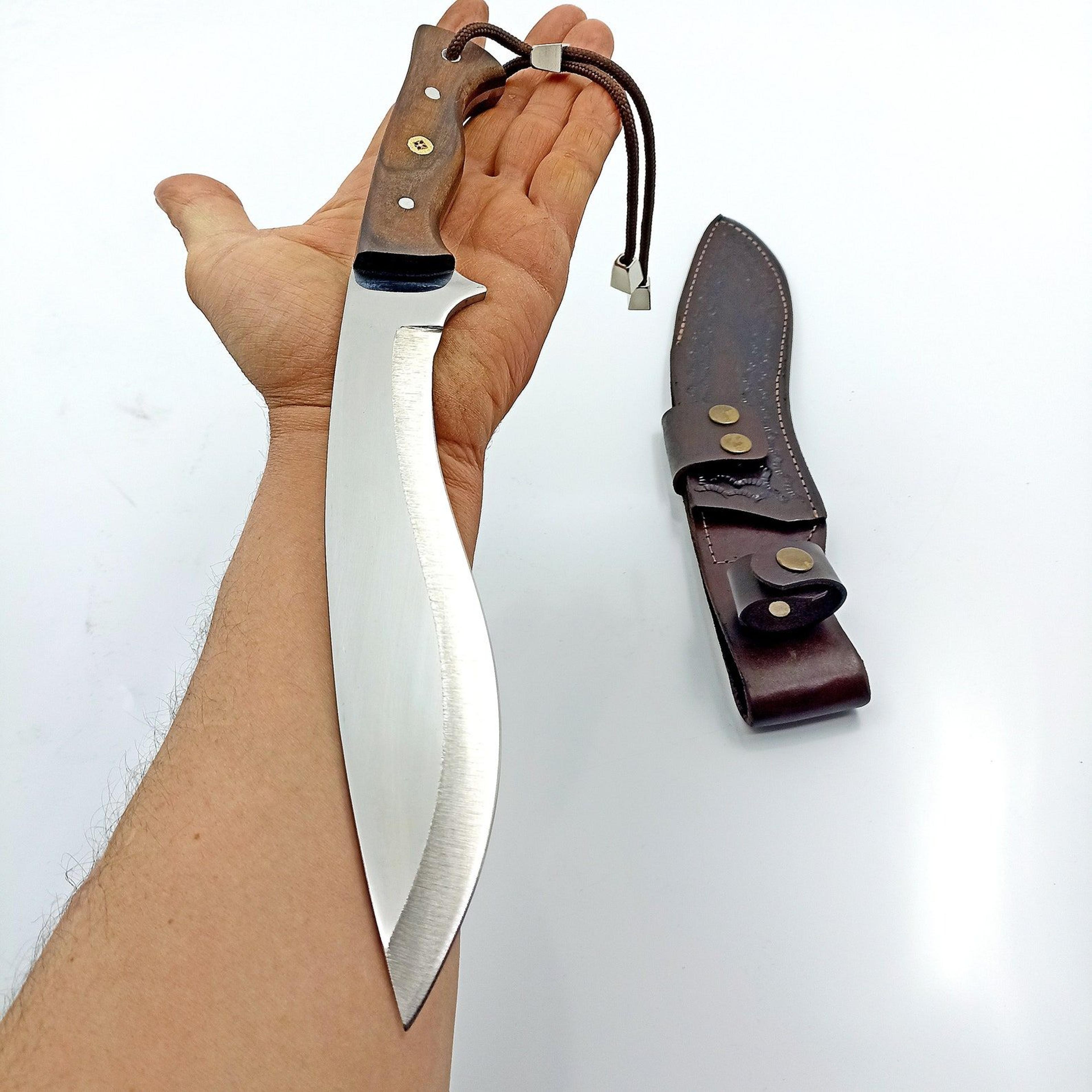 handmade stainless steel kukri knife with walnut grip and full tang blade - perfect gift for outdoor enthusiasts