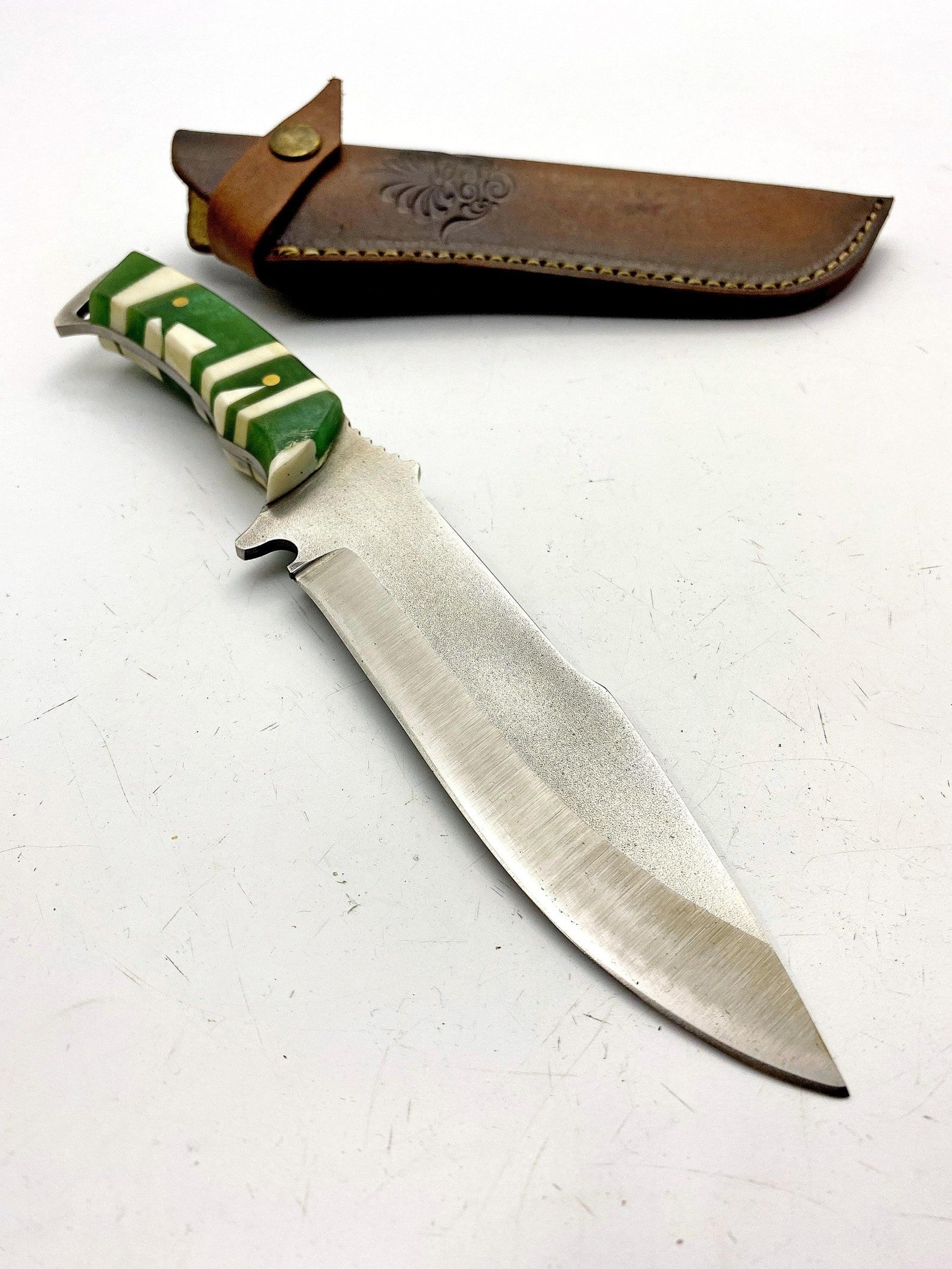 handmade hunting bowie knife 4116 stainless steel green resin handle with leather sheath