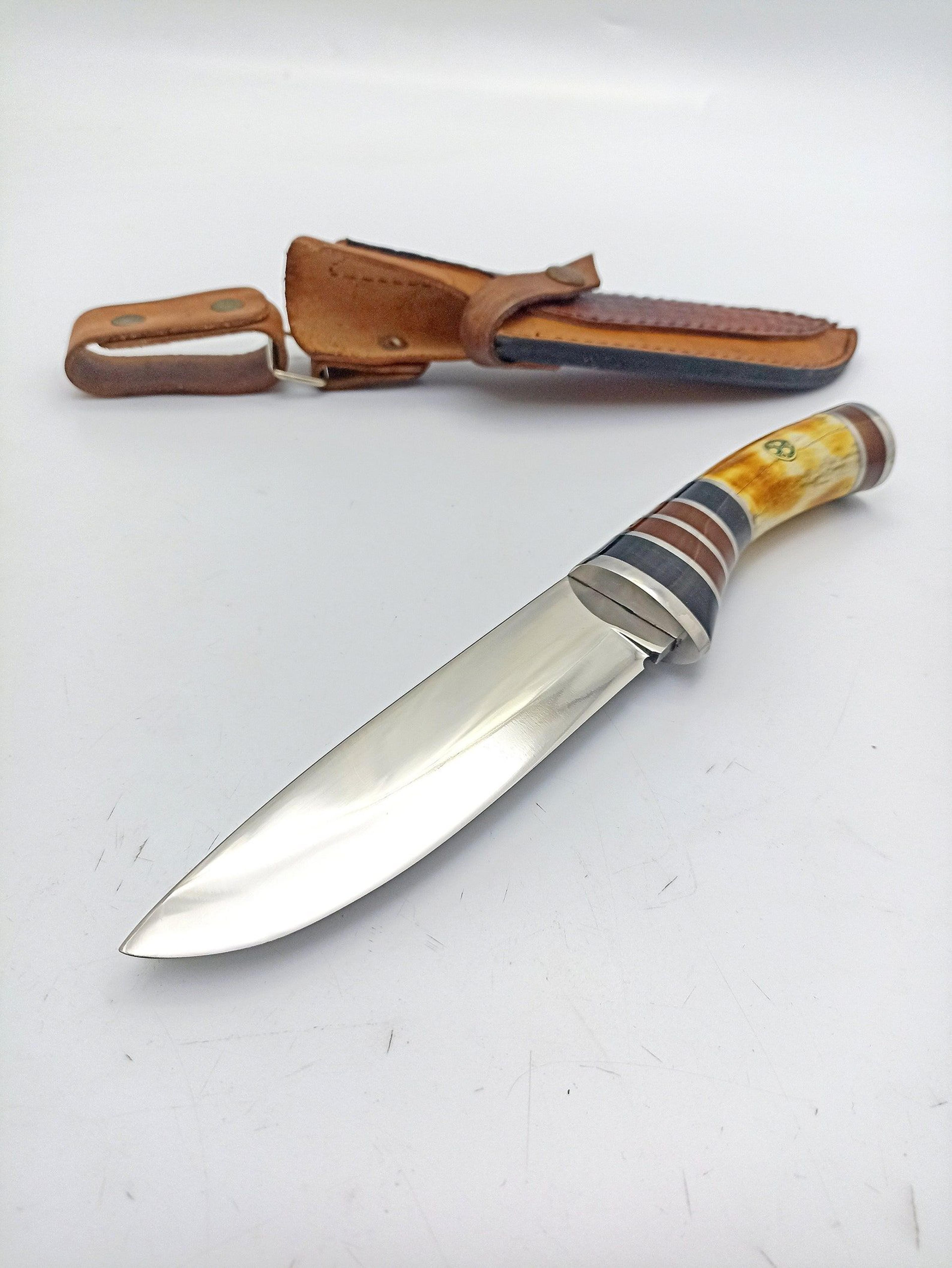 personalized handmade deer antler hunting knife with 4116 german stainless steel blade and natural walnut handle