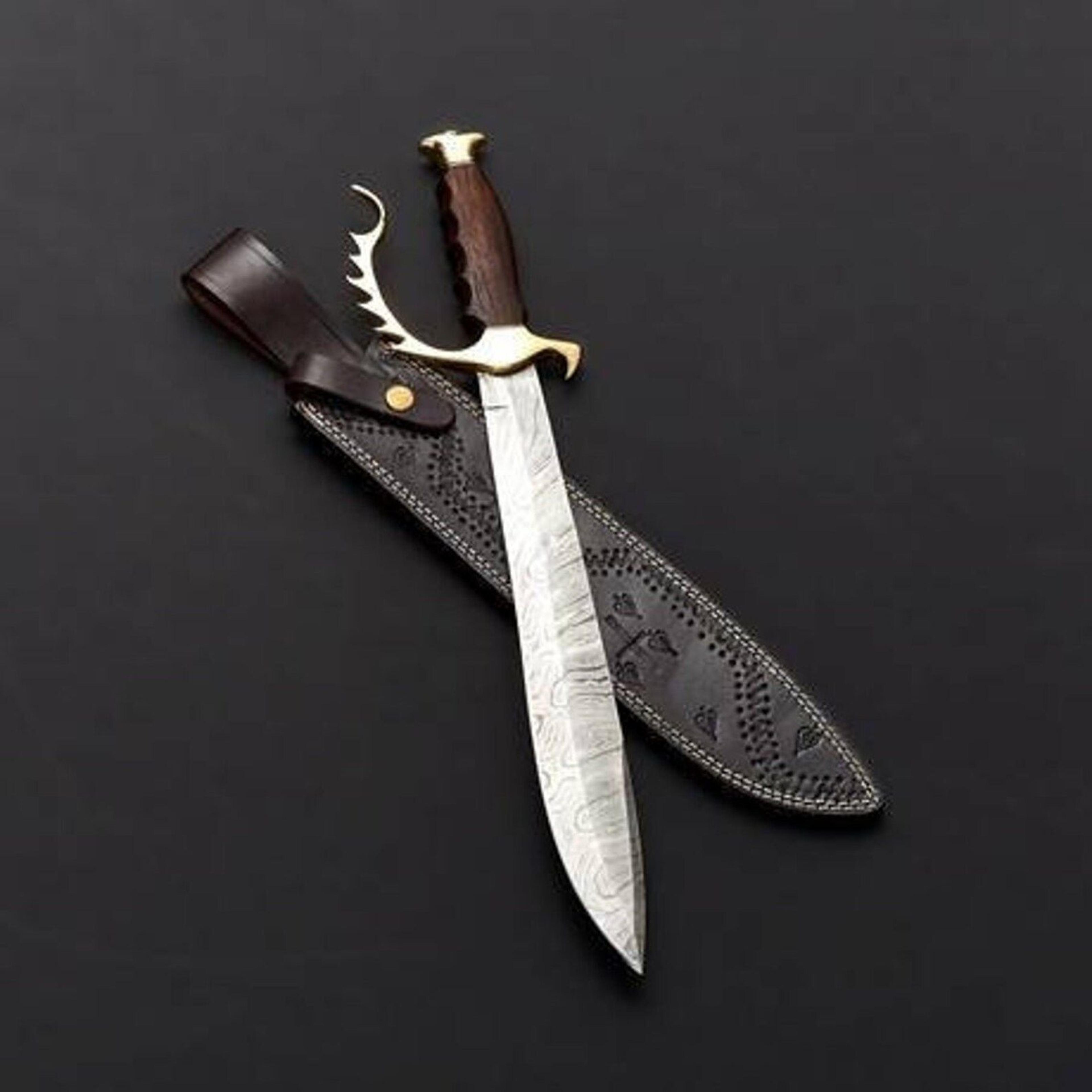 handmade damascus bowie hunting knife fixed blade with walnut wood handle & leather sheath | survival bushcraft camping