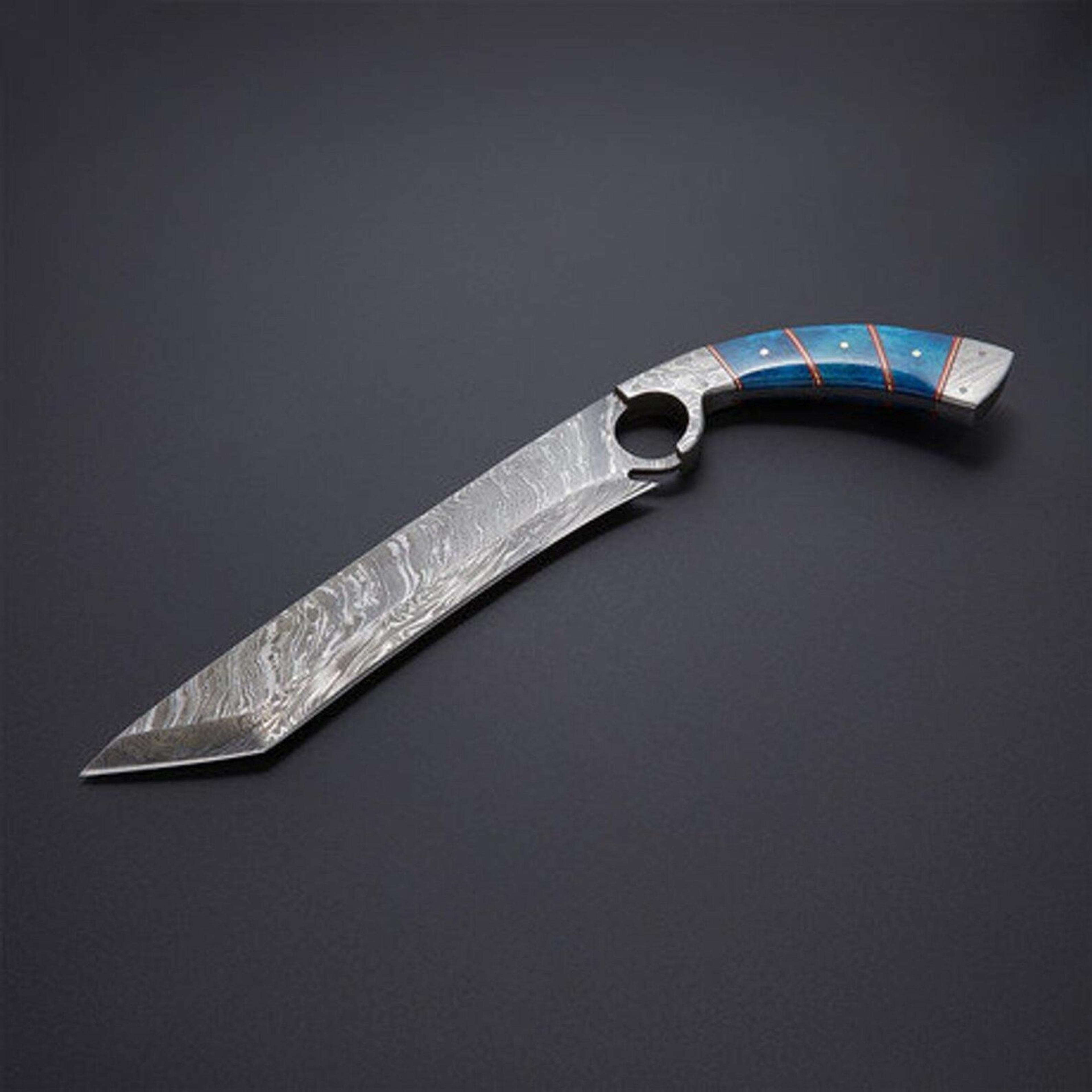 handmade damascus tanto hunting knife with finger hole blue resin & wood handle leather sheath | bushcraft survival camp