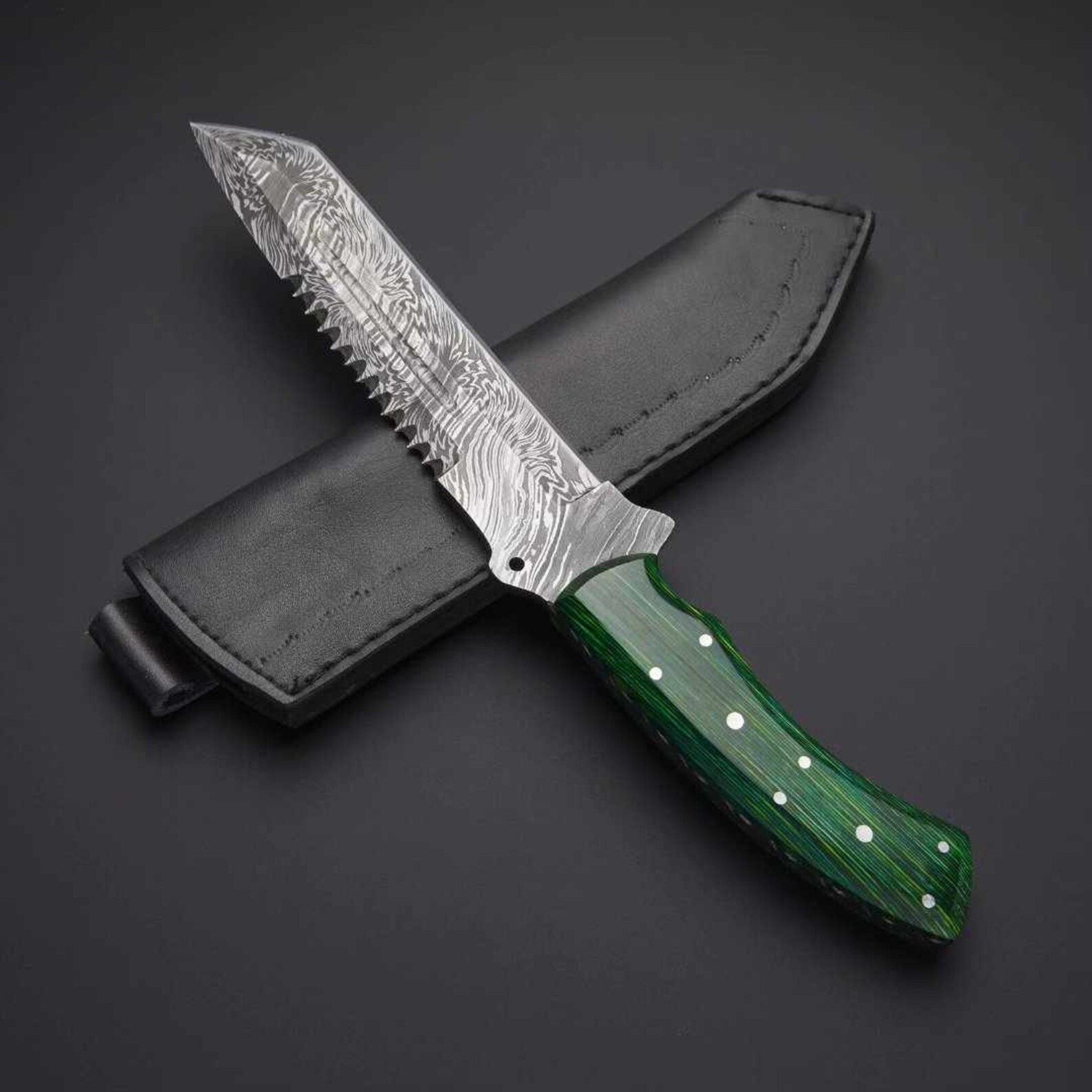 handmade damascus tactical hunting knife serrated fixed blade green micarta handle with leather sheath | bushcraft survi