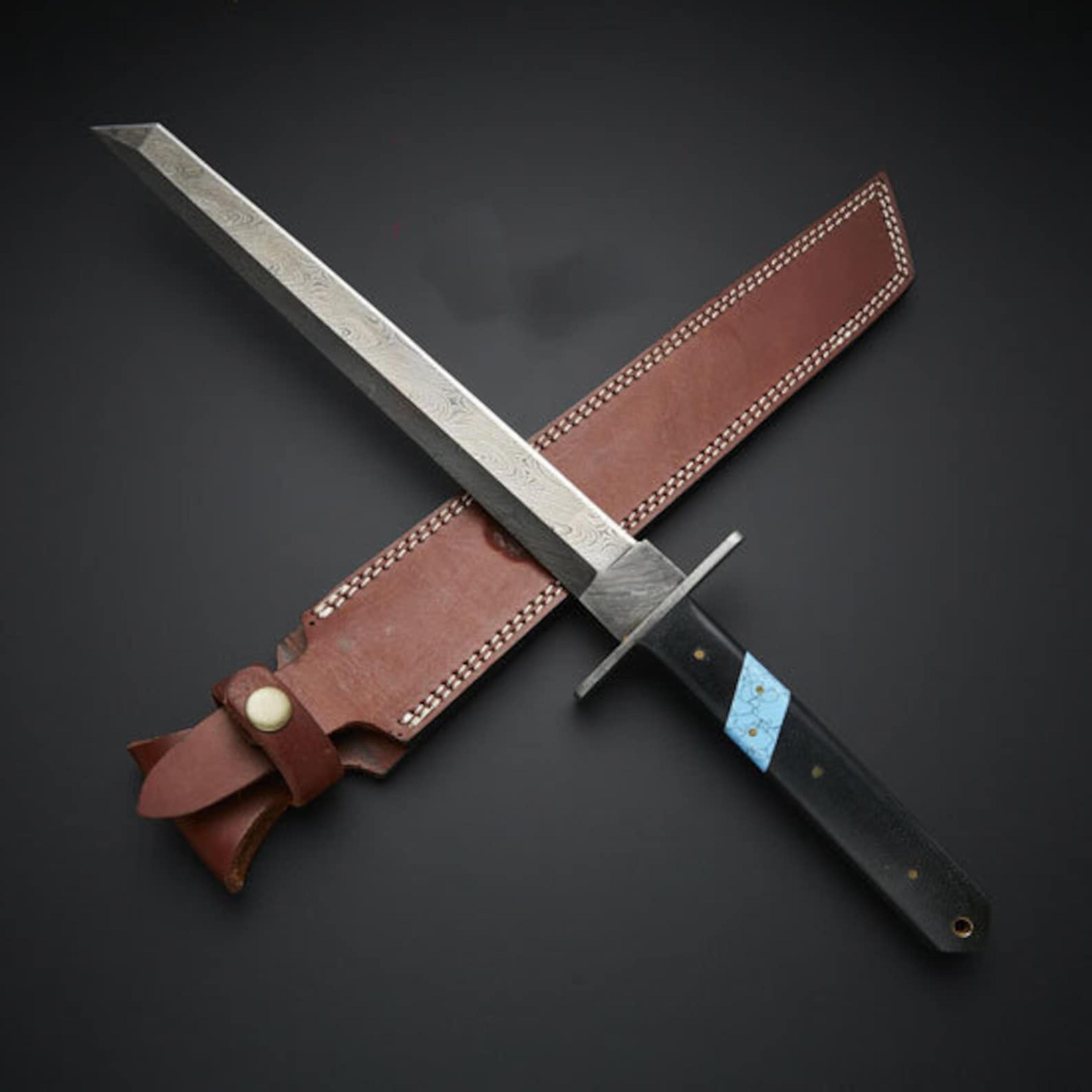 handmade damascus tanto sword fixed blade with micarta handle & leather sheath | bushcraft survival tactical knife | gif