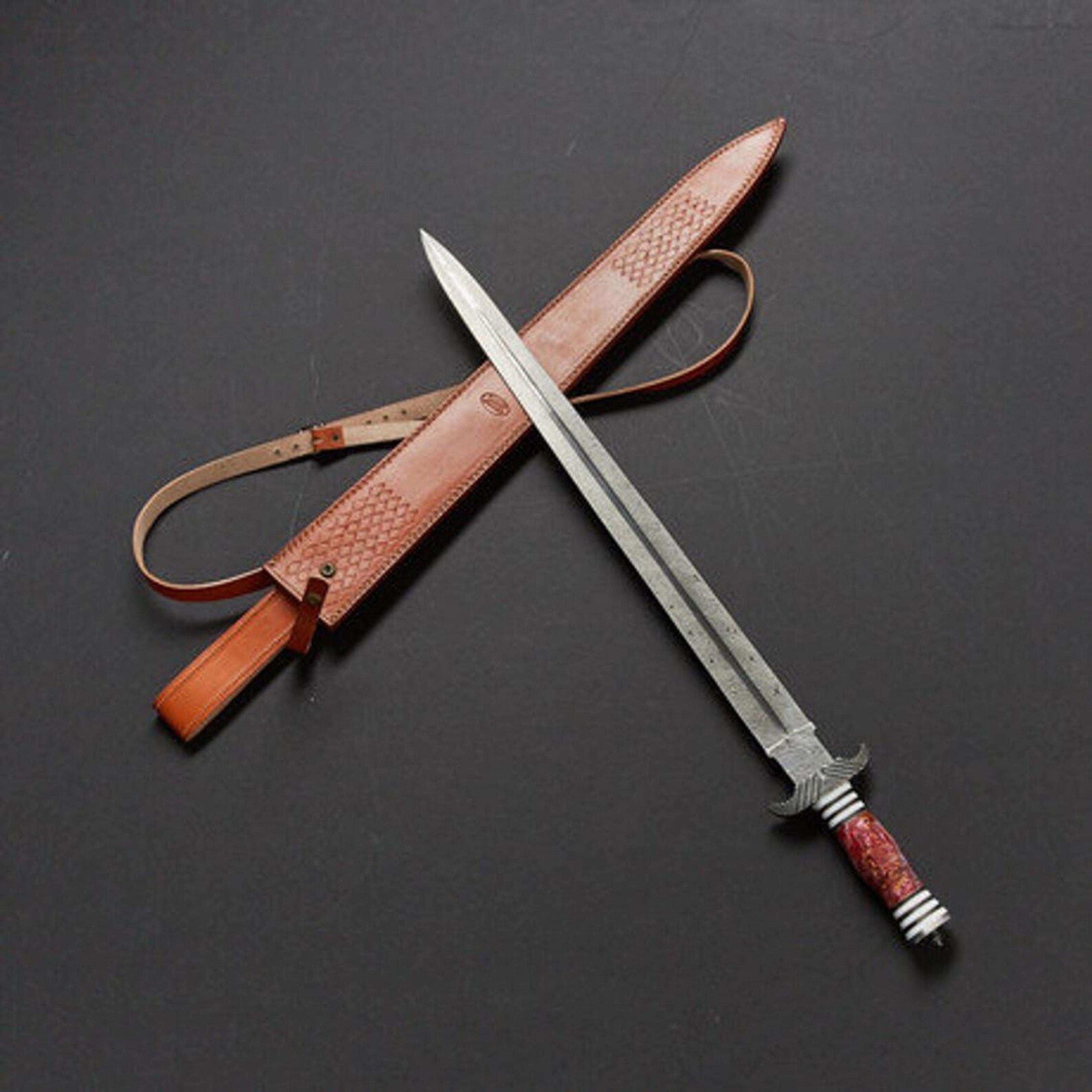 handmade fantasy sword high carbon steel long blade with decorative handle & leather scabbard | medieval collector displ