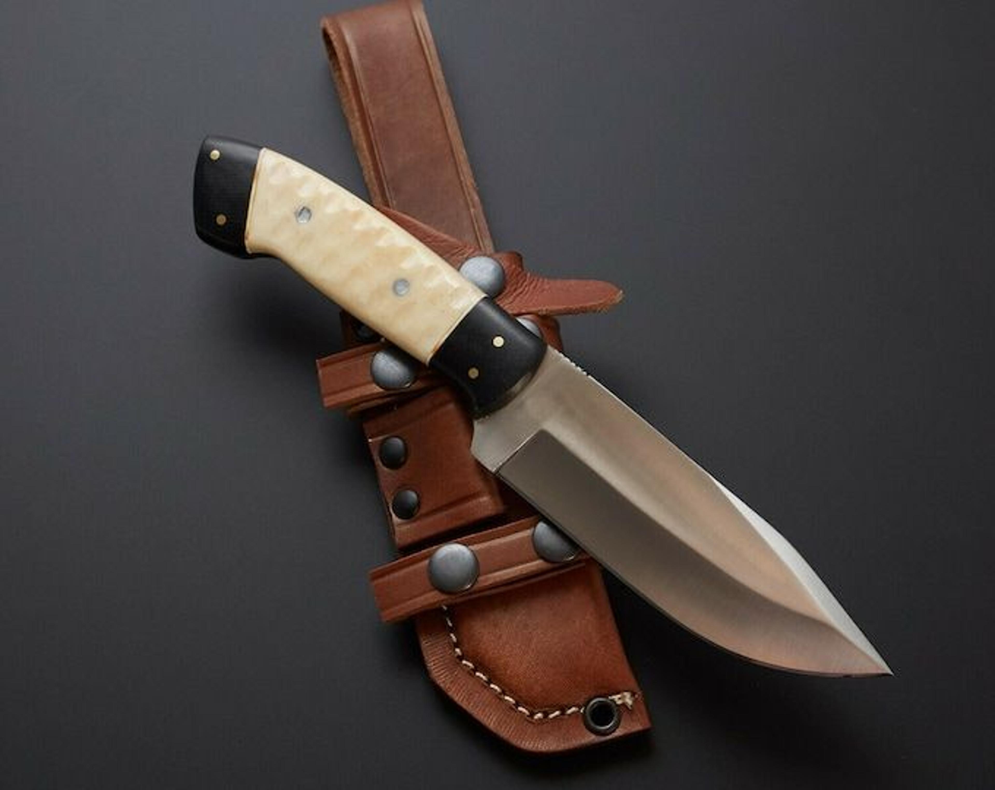 bowie hunting knife fixed blade with bone & black wood handle, leather sheath | bushcraft camping survival knife
