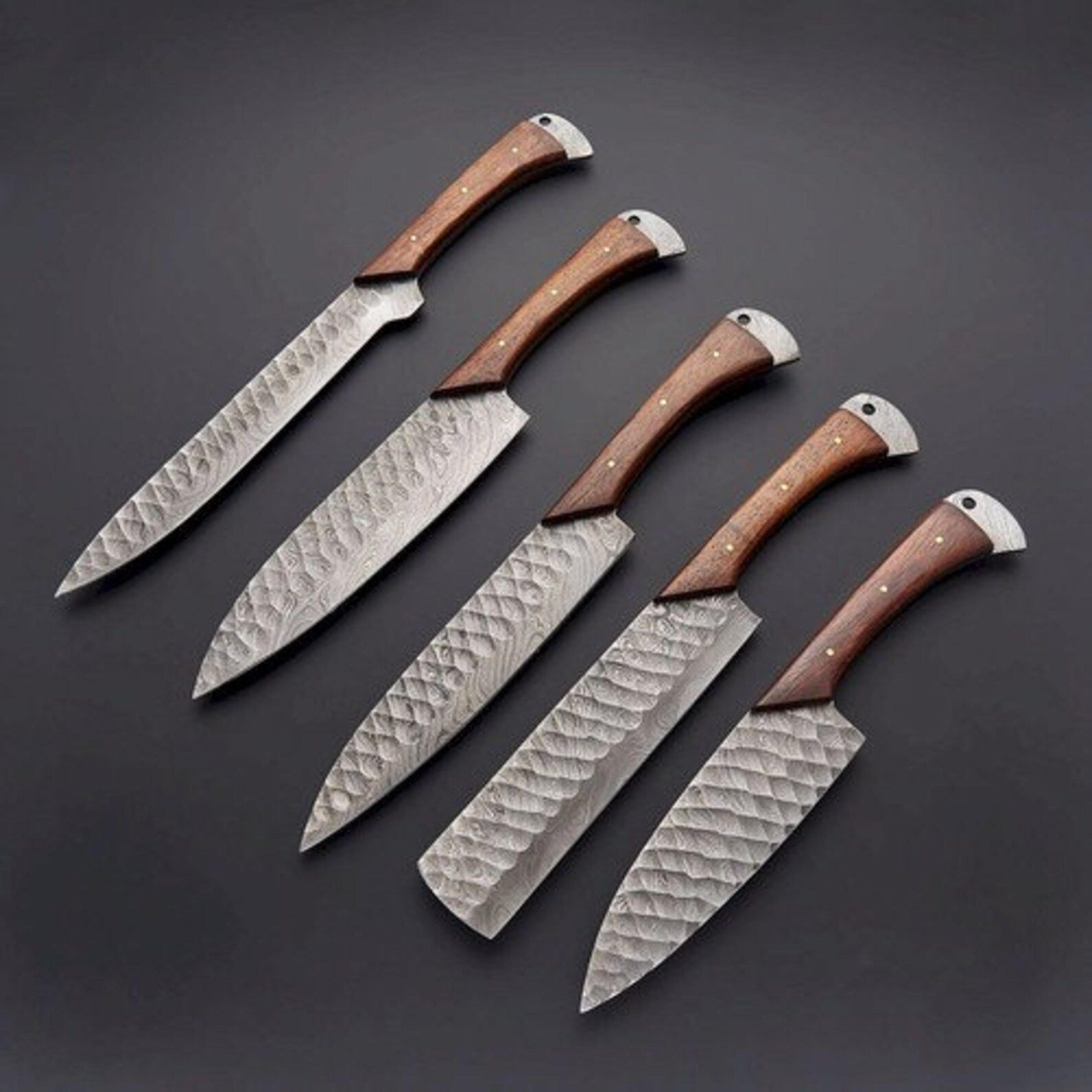 handmade 5-piece forged chef knife set with leather roll bag | high carbon kitchen knives for cooking, bbq & camping