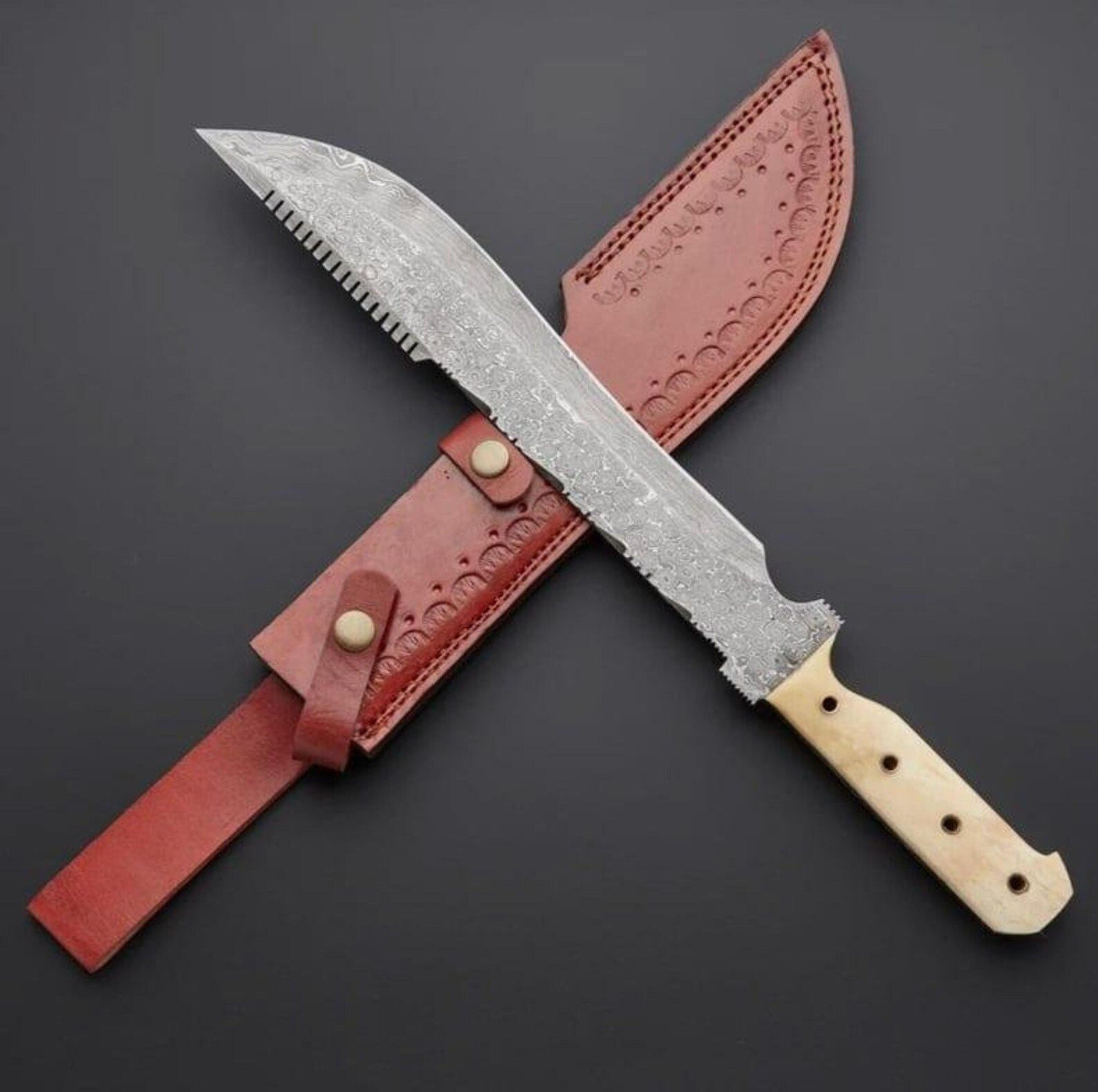 handmade damascus survival knife serrated fixed blade with bone handle & leather sheath | bushcraft camping hunting knif