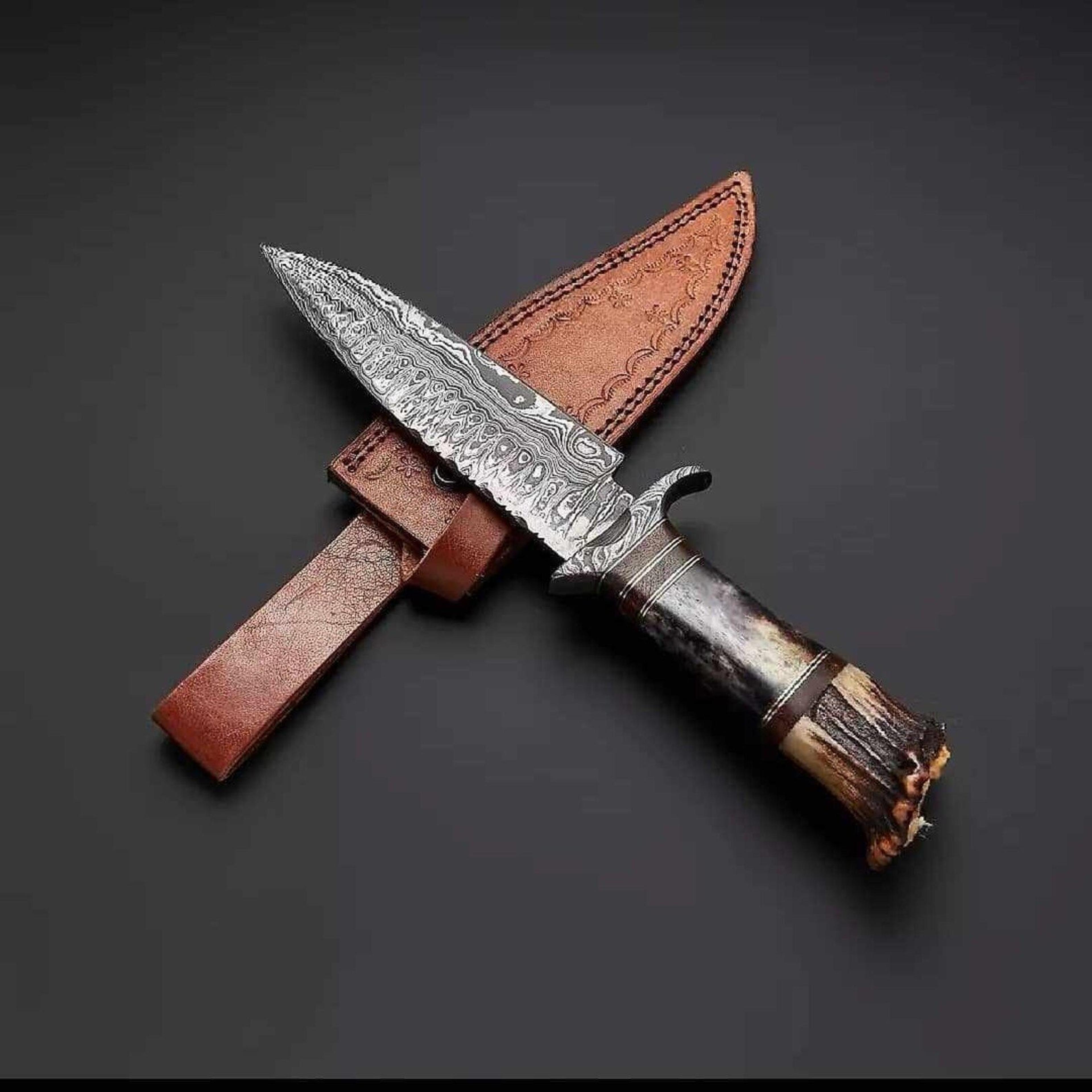 handmade damascus hunting knife with stag antler handle & leather sheath | fixed blade survival knife | unique gift for