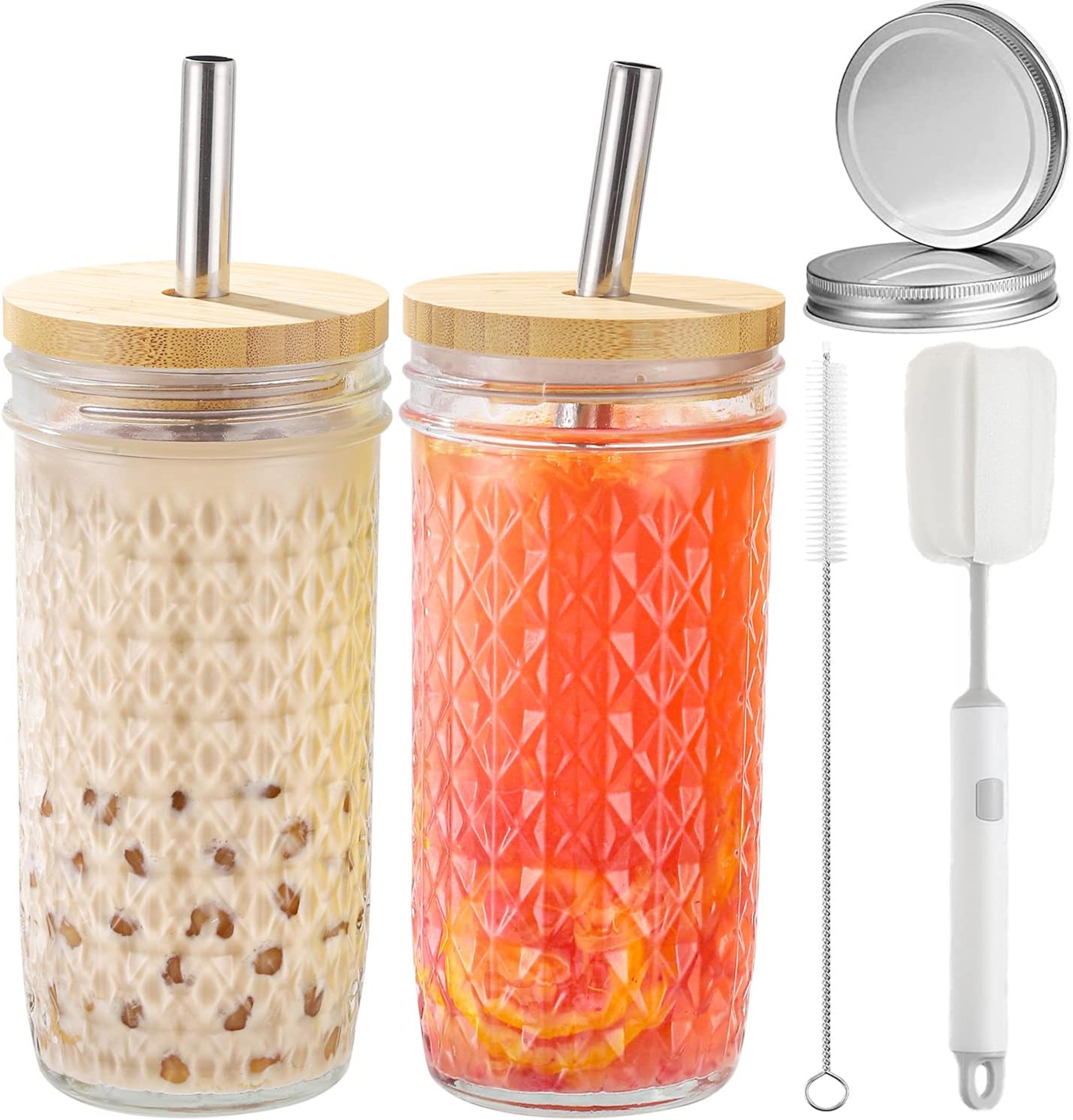 reusable boba tea cups, glass tumblers with lids and straws, mason jar drinking glasses for iced coffee