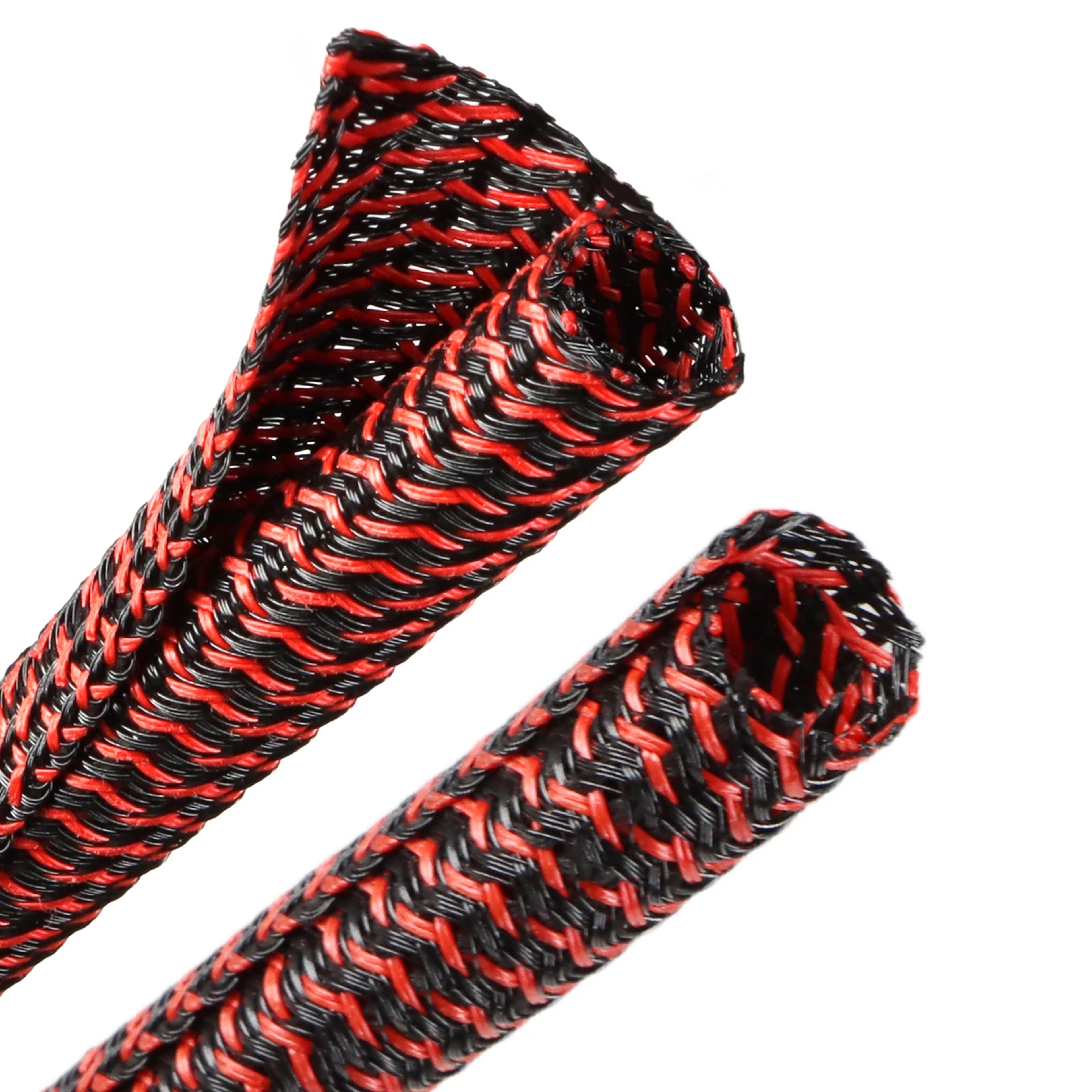 black-red braided self-closed cable sleeve insulated auto wire loom wrap split organize