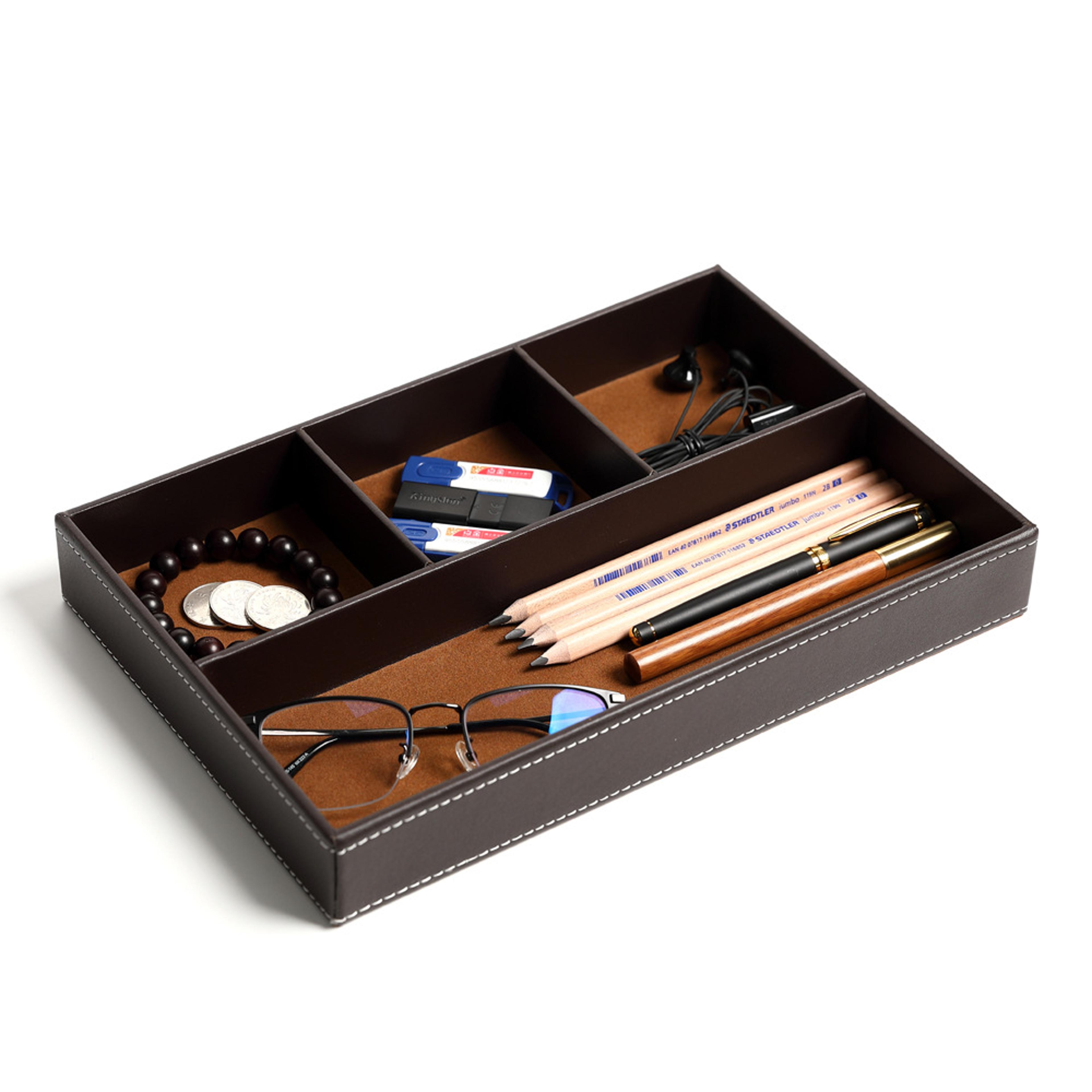 faux leather nightstand storage tray organizer with compartments tabletop tray for keys glasses stationery durable