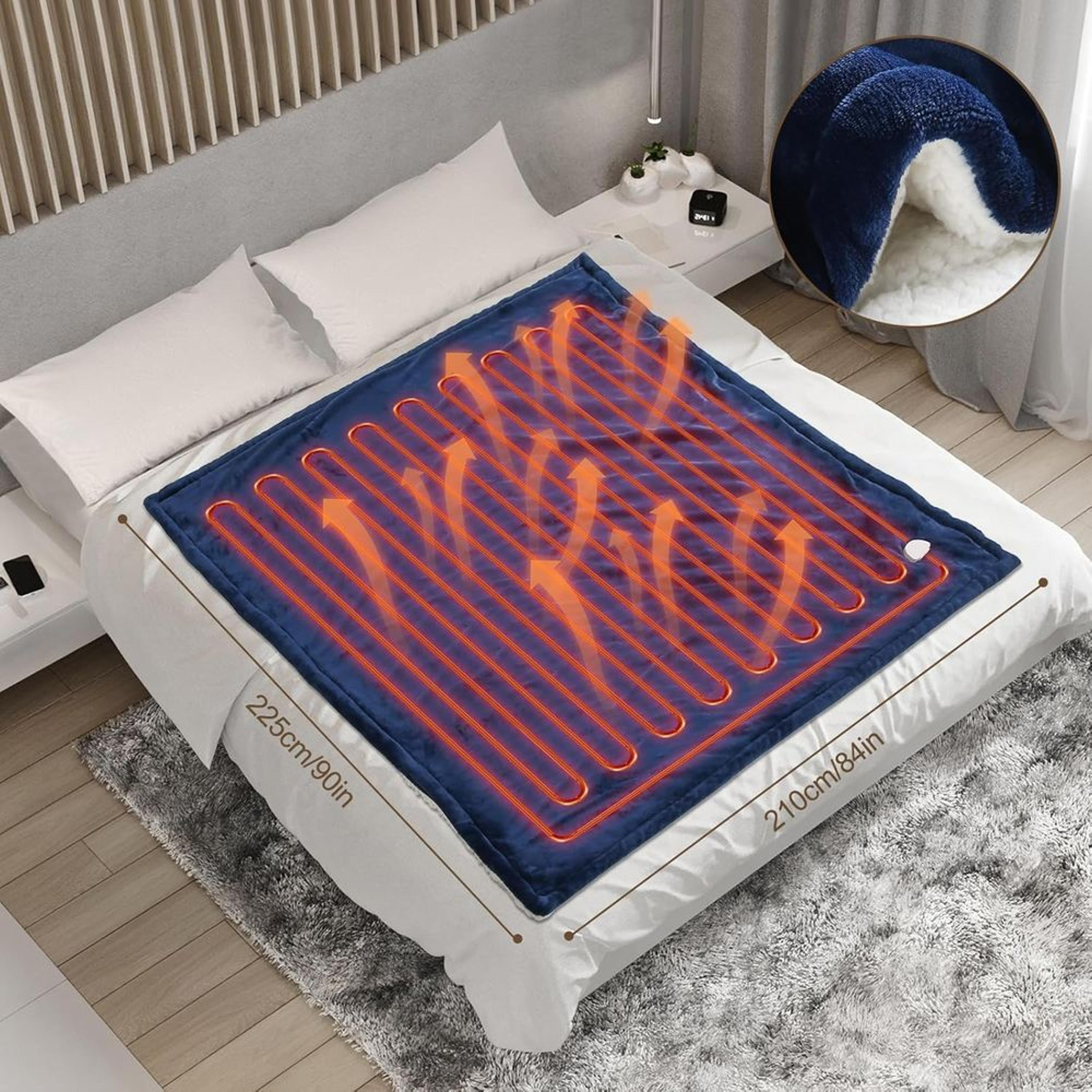blue queen size electric blanket washable with heat levels and auto-off