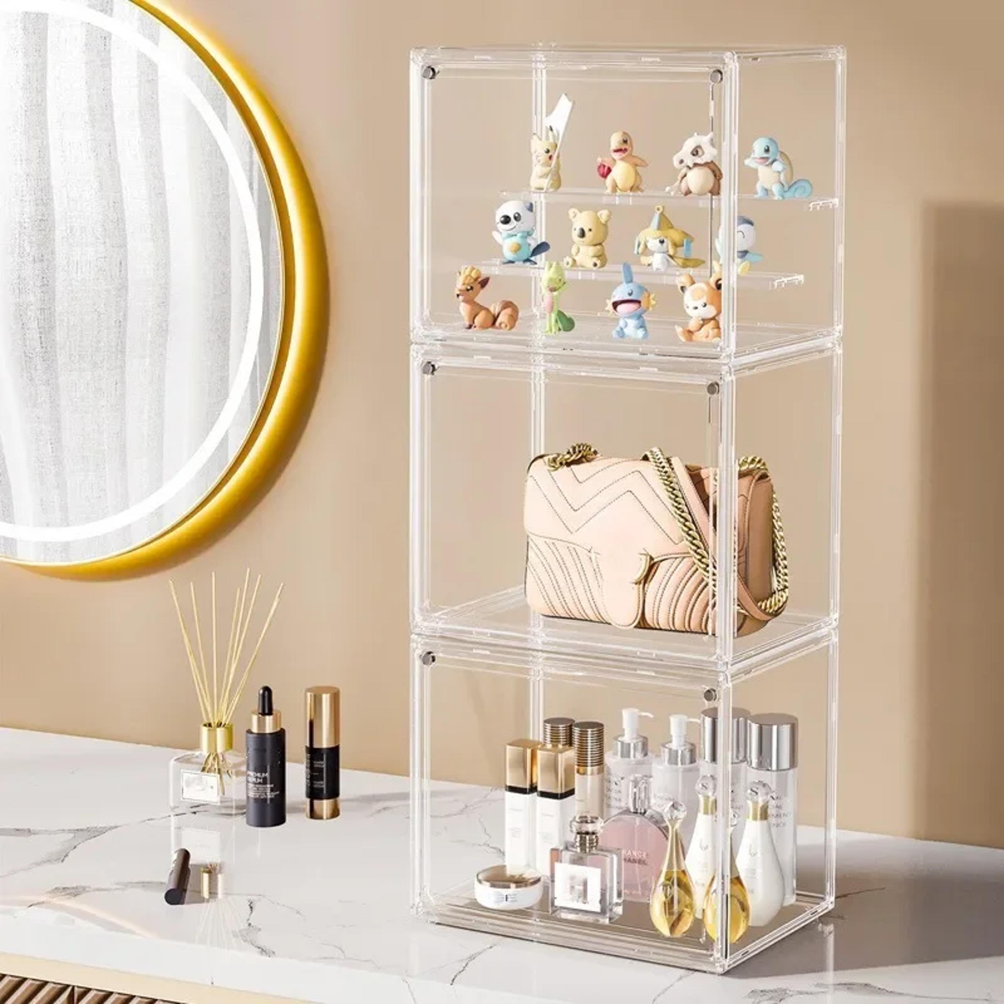 stackable clear display box plastic dustproof storage bins for figures and cosmetics with interlayers