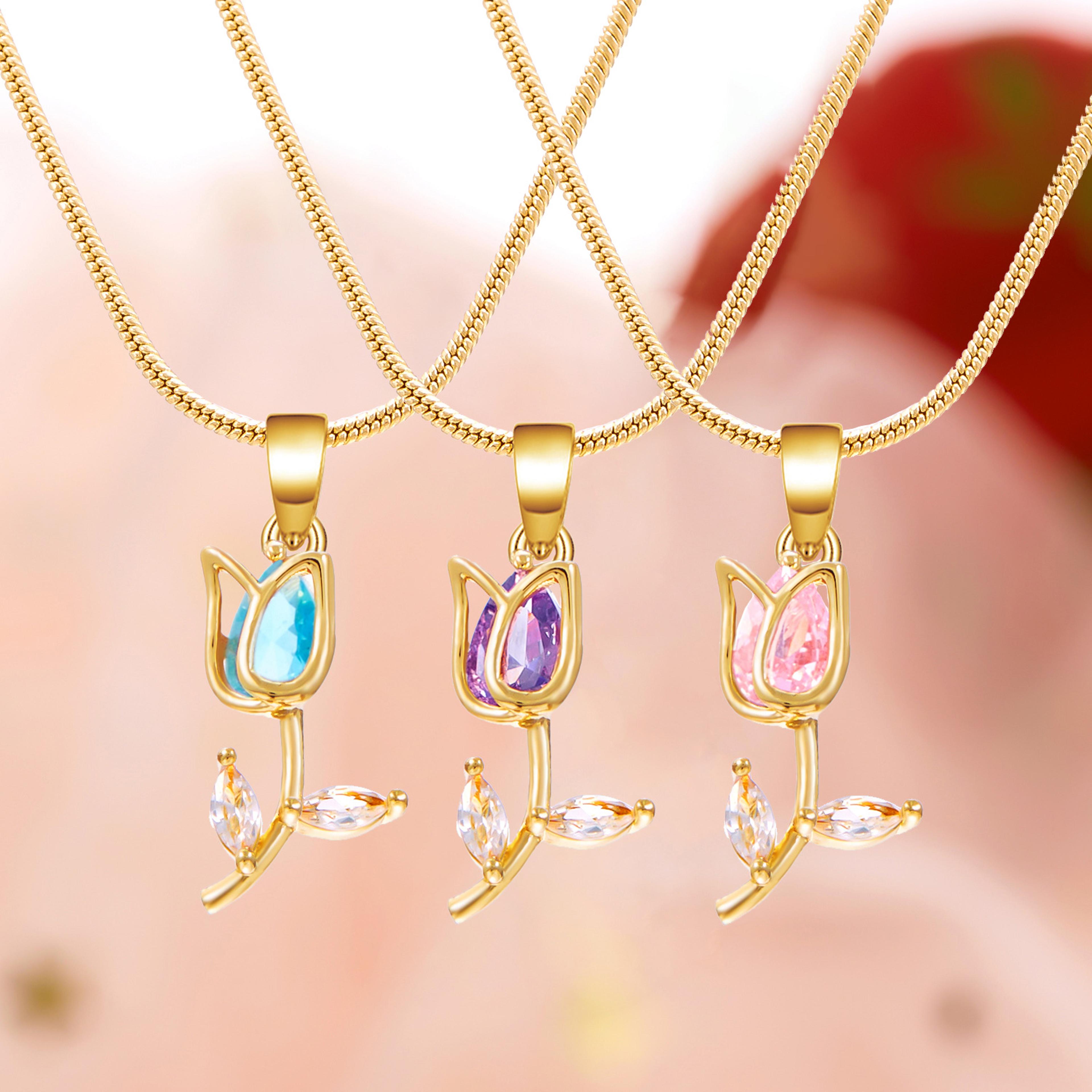 elegant stainless steel clavicle chain, light luxury zircon tulip flower pendant necklace for women, fashion party jewel