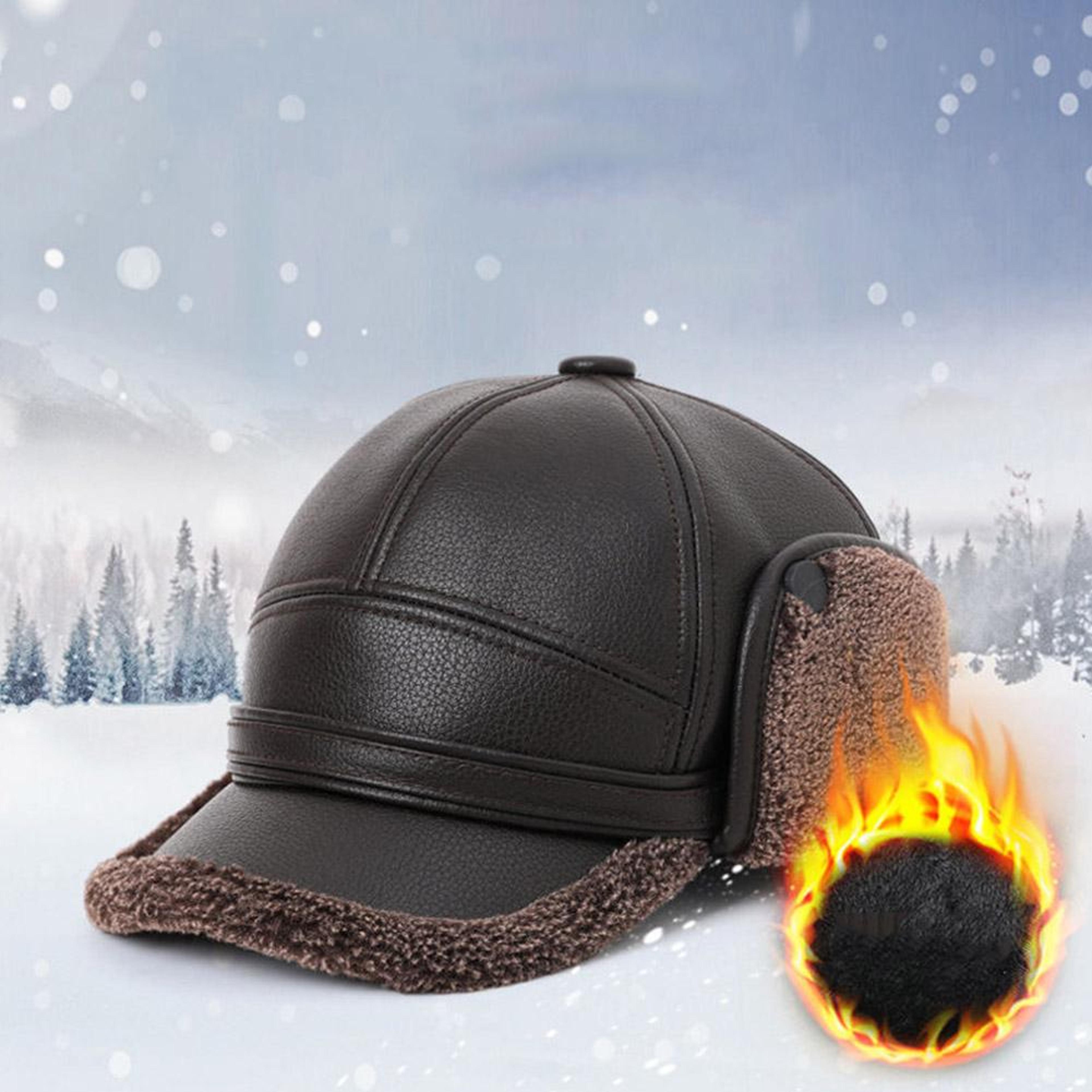 men's winter pu leather baseball cap with earflaps warm bomber hat windproof keep warm elderly dad cap