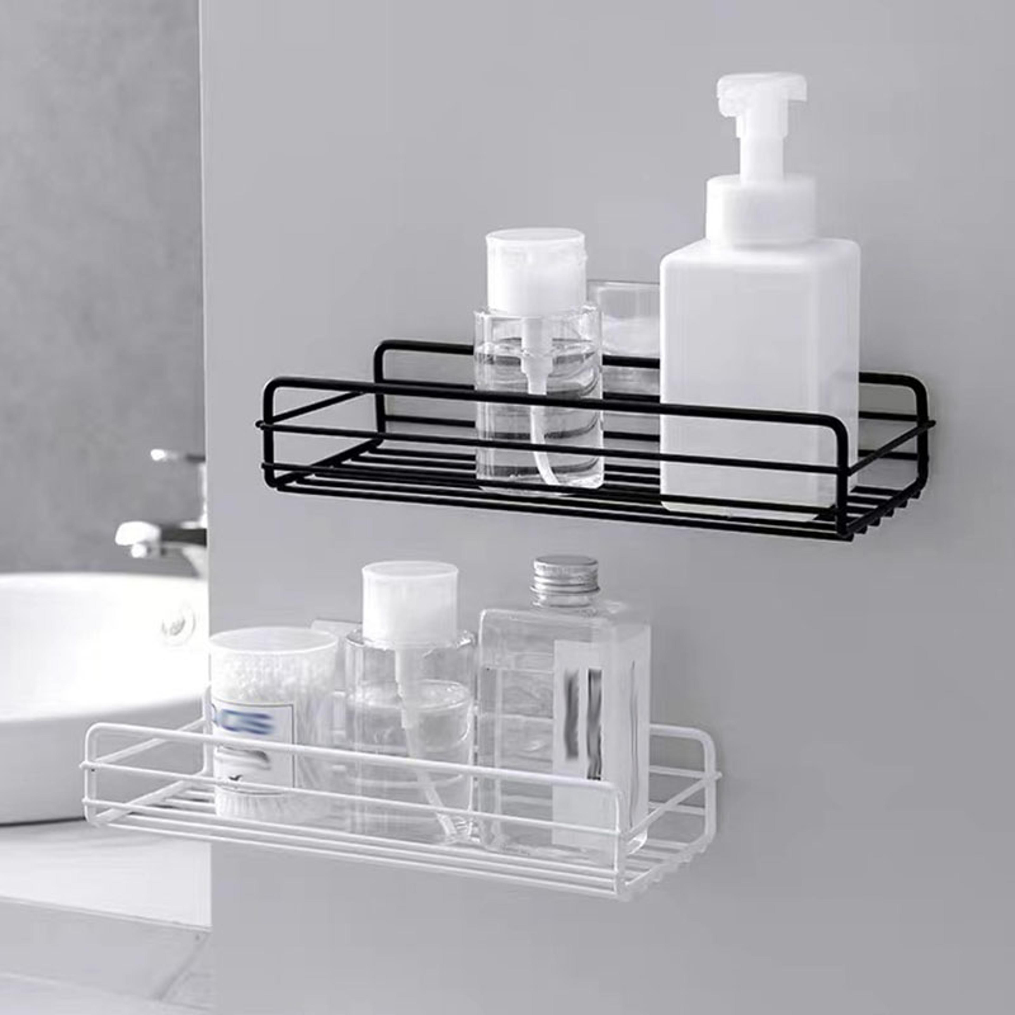 metal bathroom organizer rack adhesive wall mount shelf space-saving kitchen bath storage system