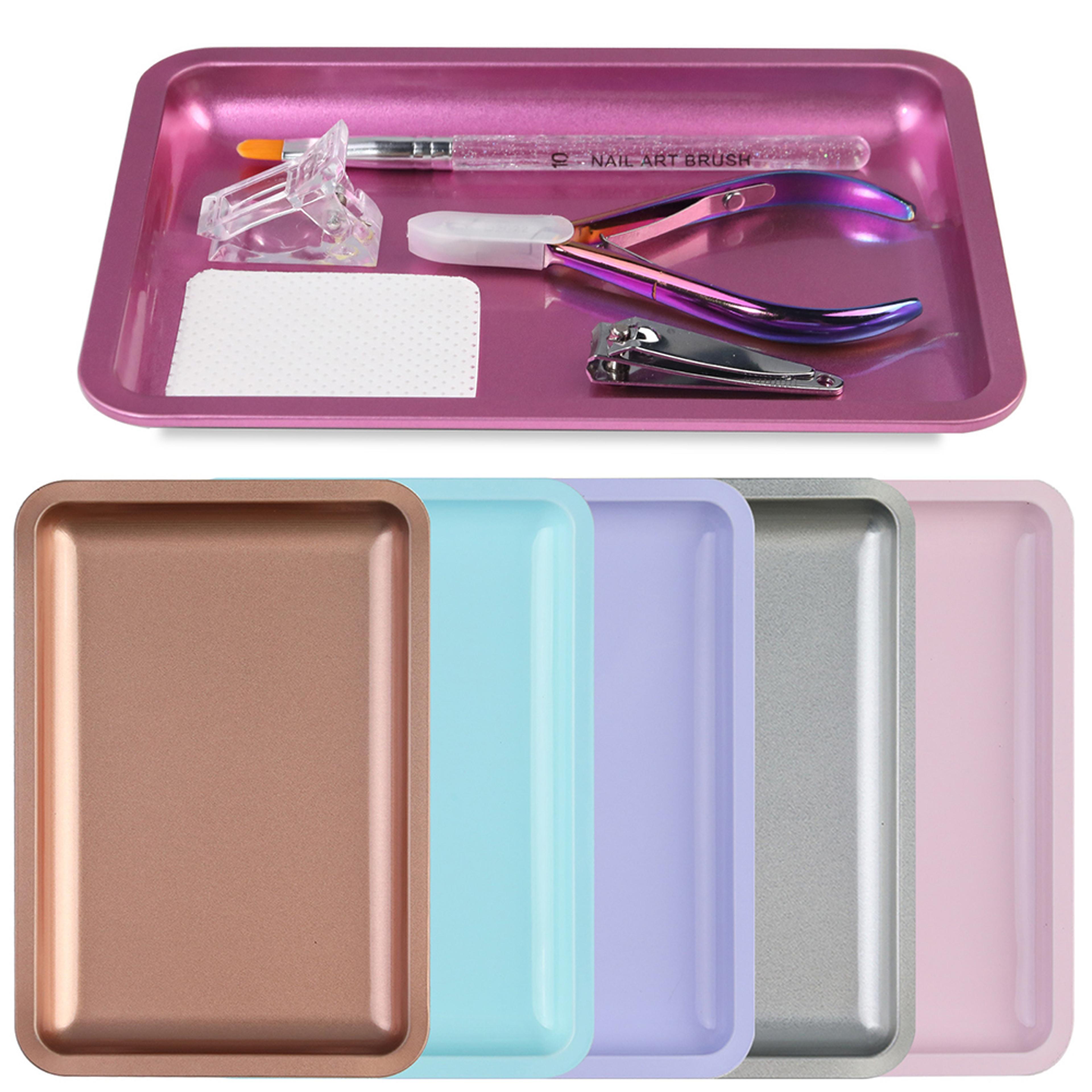 colorful stainless steel nail tray, multifunctional desktop storage for nail art, nail tools tray for cosmetics and nail