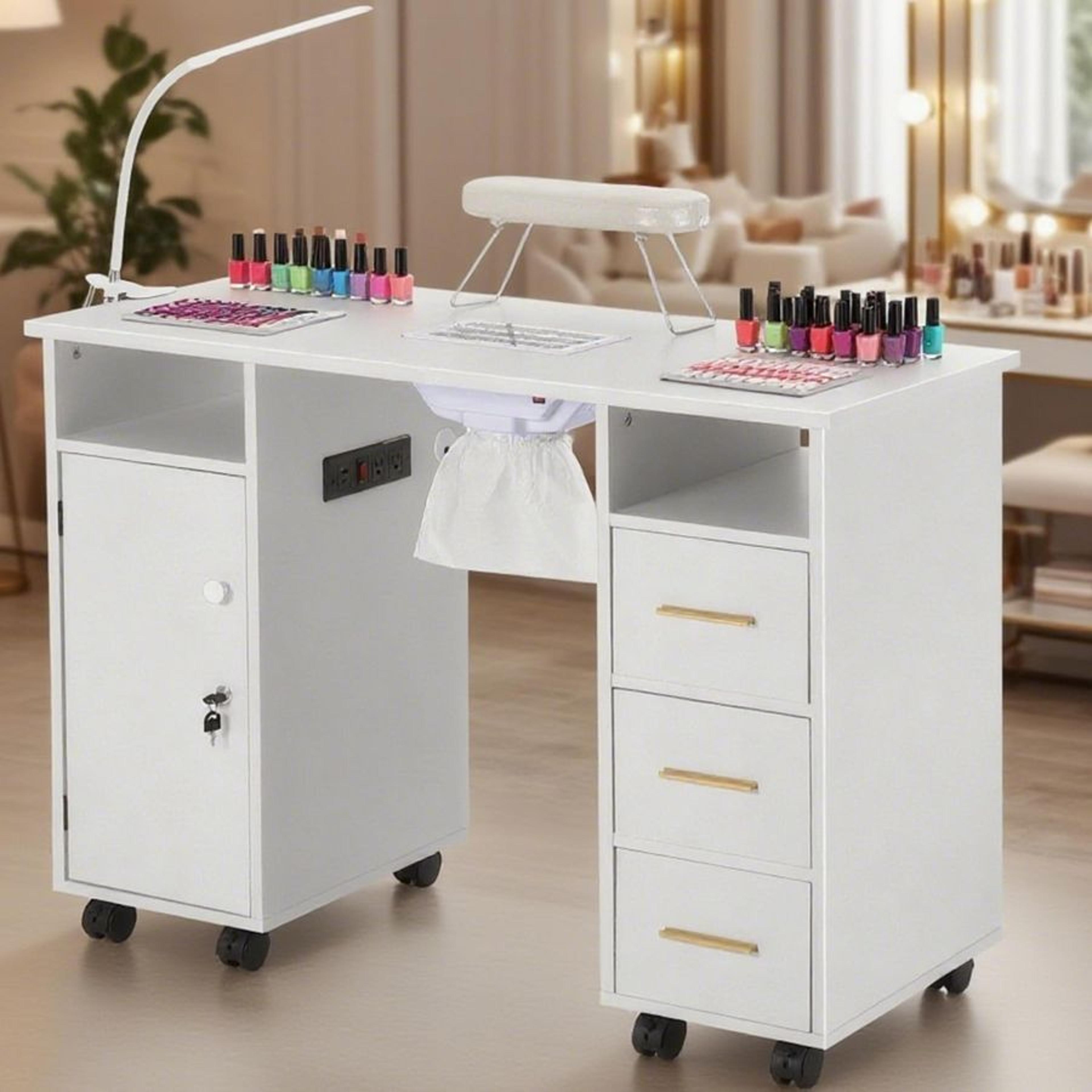 nail tech table desk with charging station, dust collector, led lamp, nonwoven drawers