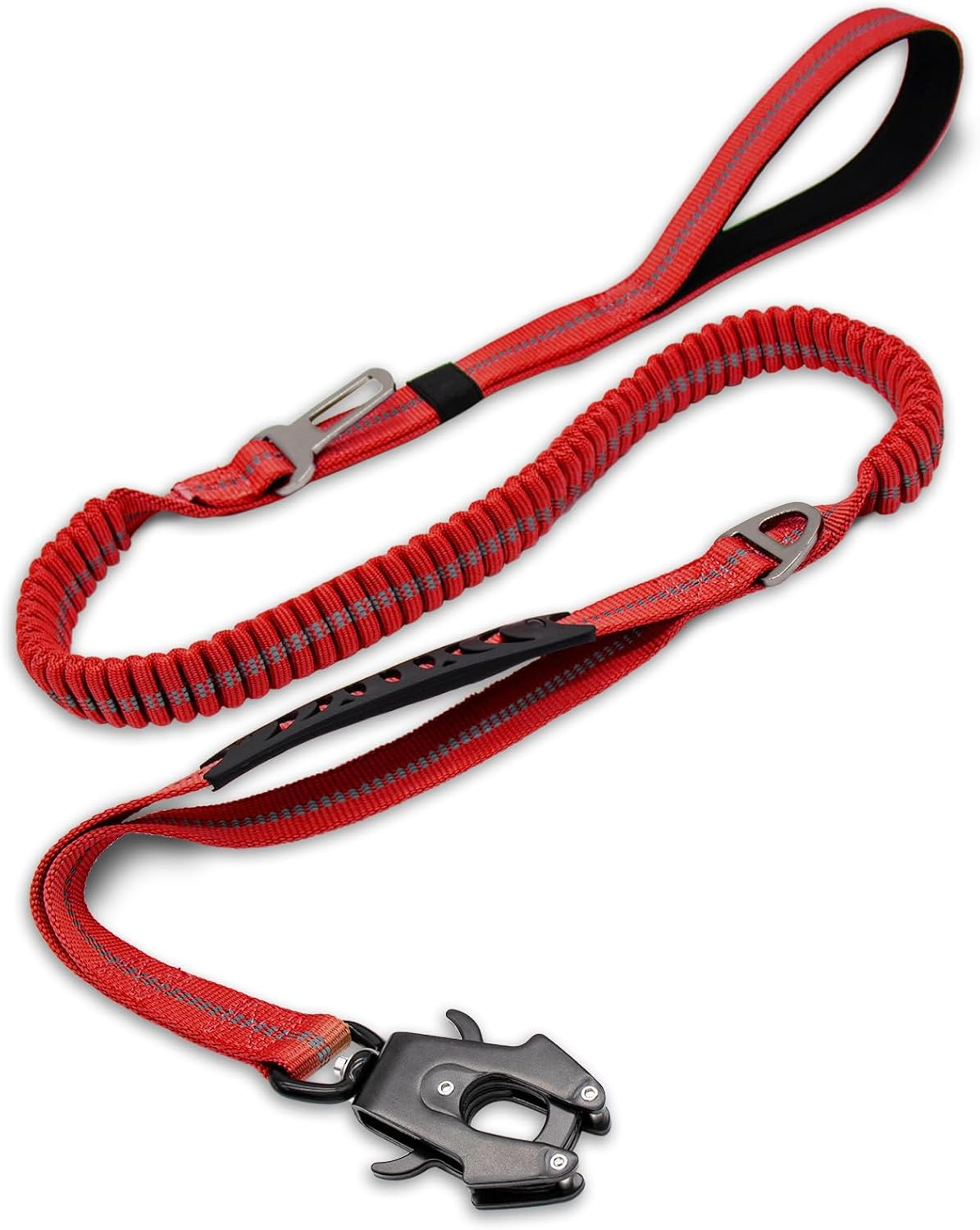 heavy duty tactical dog leash shock absorbing bungee lead with metal carabiner clip padded handles car seatbelt