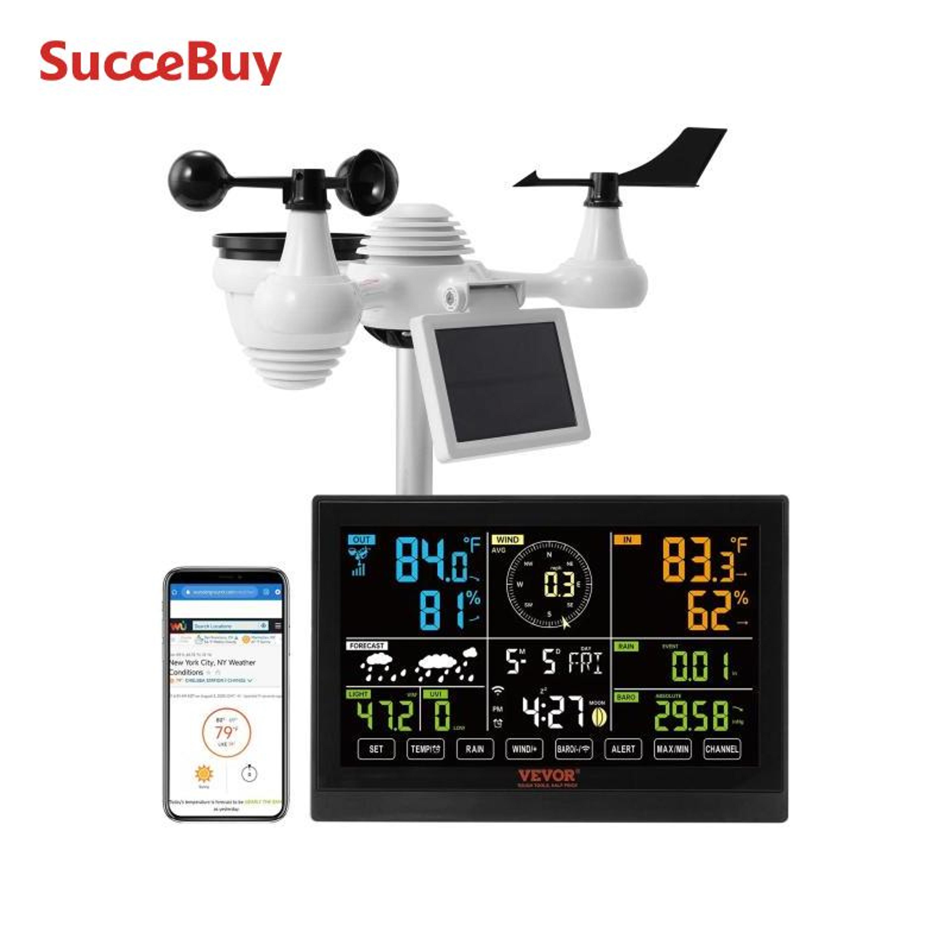 wi-fi weather station with color display solar wireless outdoor sensor for temperature humidity alarm alerts