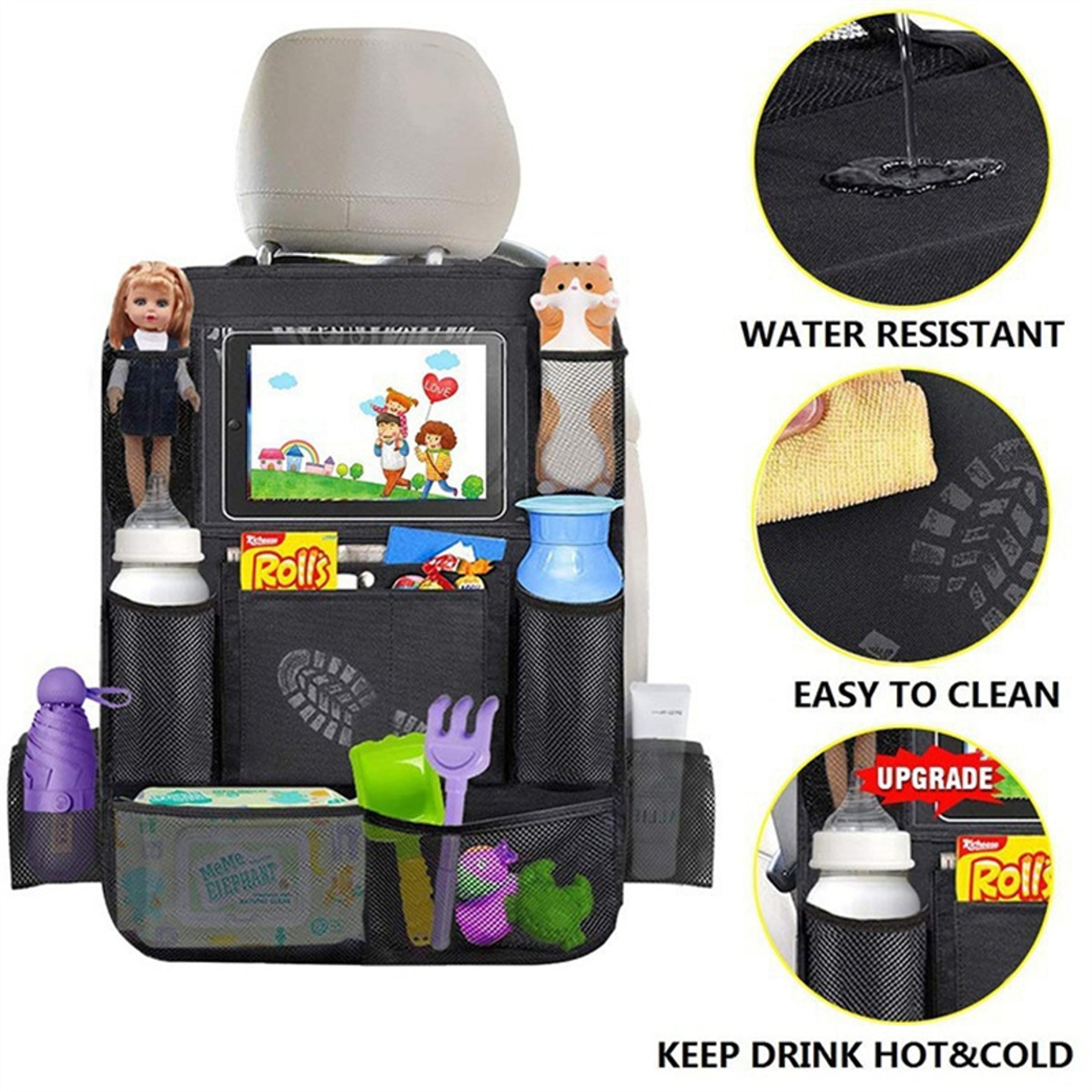 car back seat organizer for kids, multifunctional oxford fabric storage bag with tablet holder and seat protector