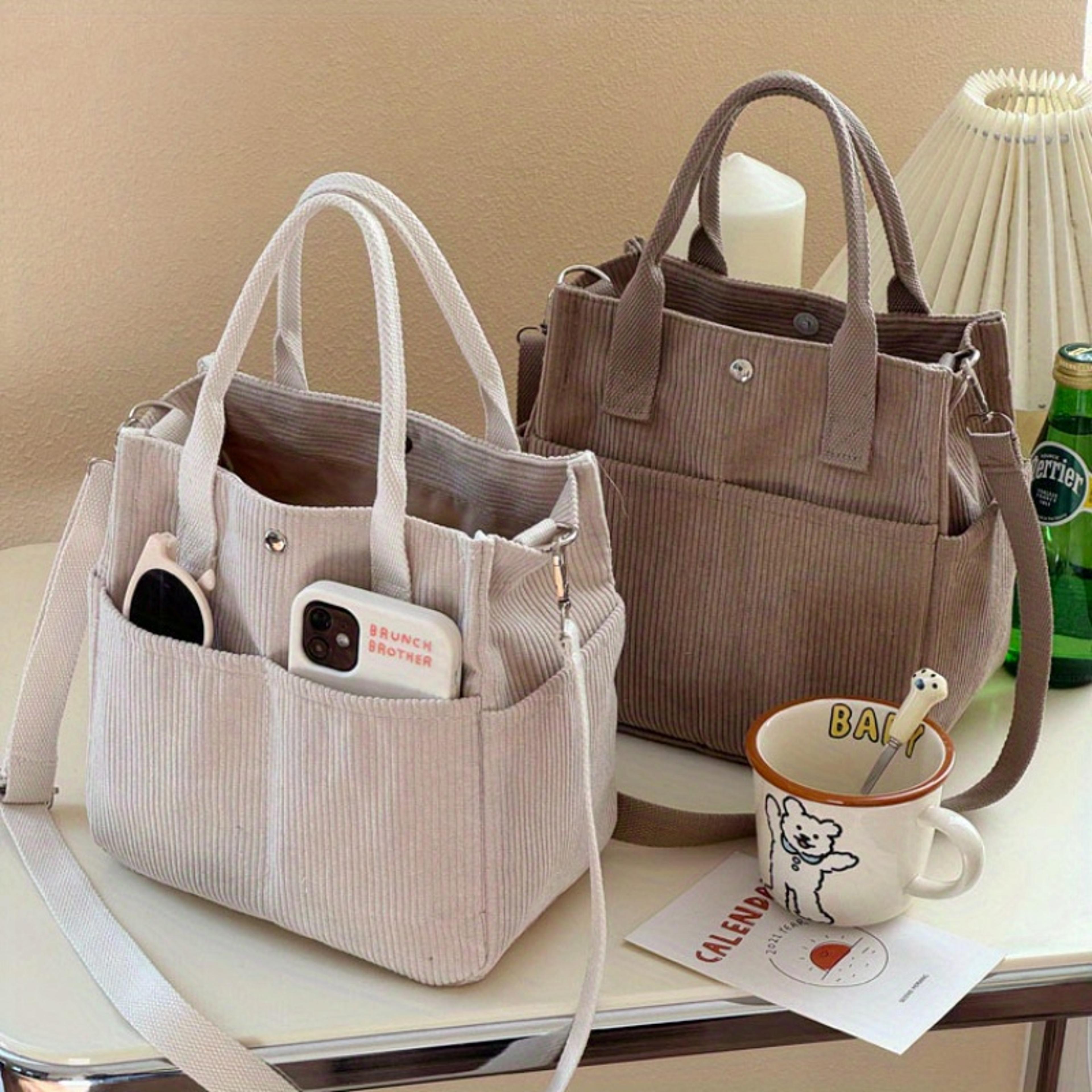 solid color for daily use, hand washable corduroy tote bag with multiple pockets, versatile crossbody or shoulder bag