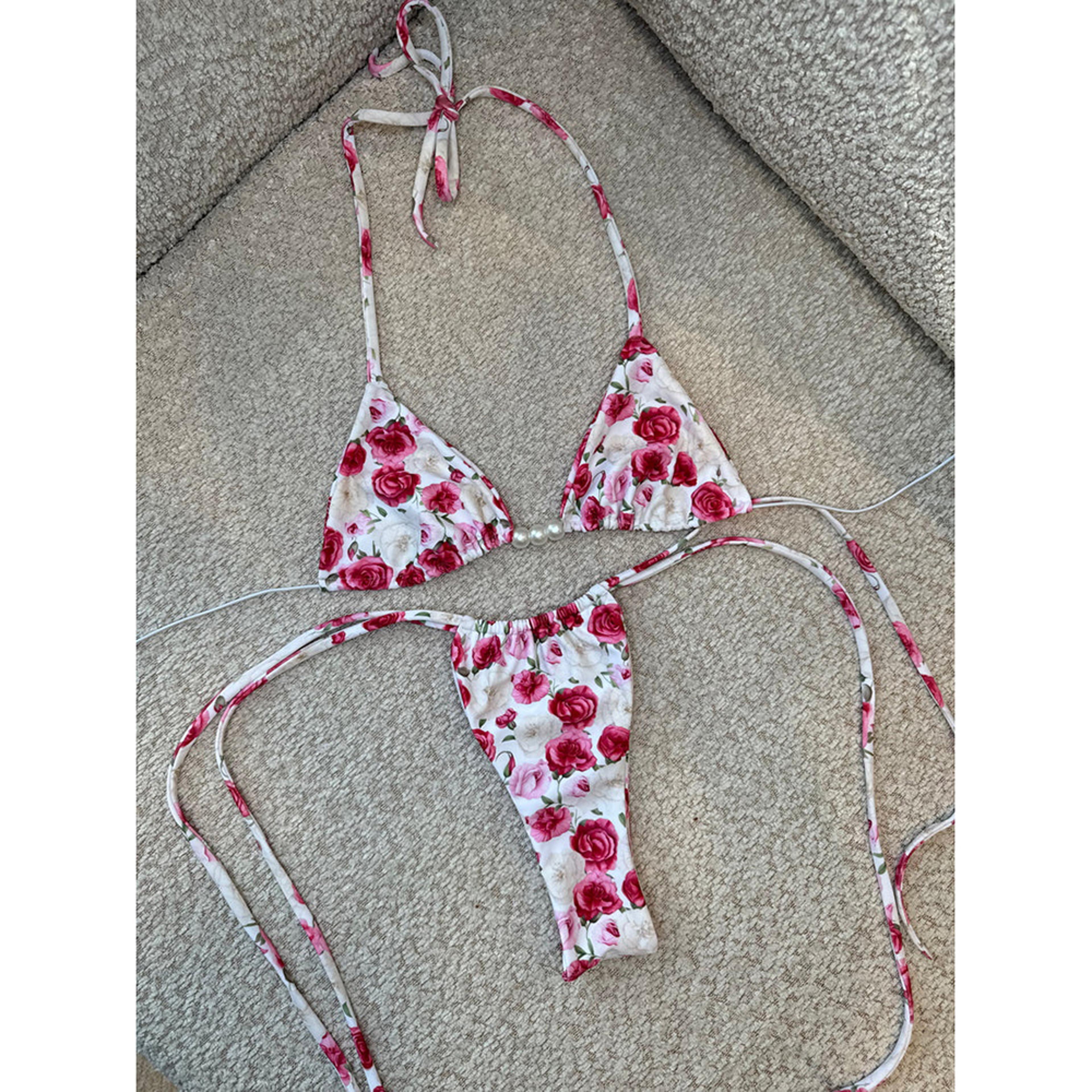 sexy micro bikini swimwear women push up bikini set luxury print halter pearl beachwear
