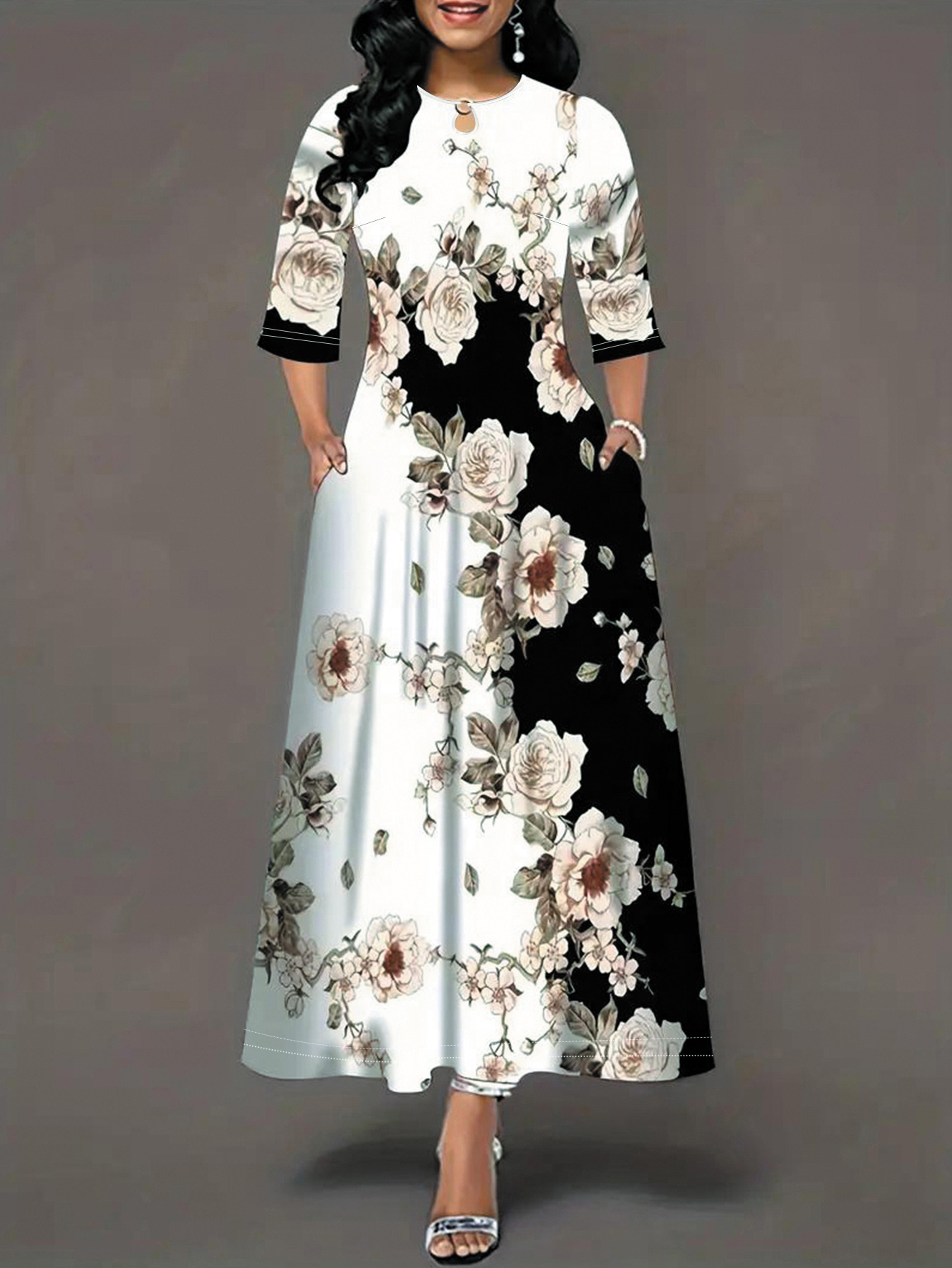 women's casual dress half sleeve round neck dress with pockets